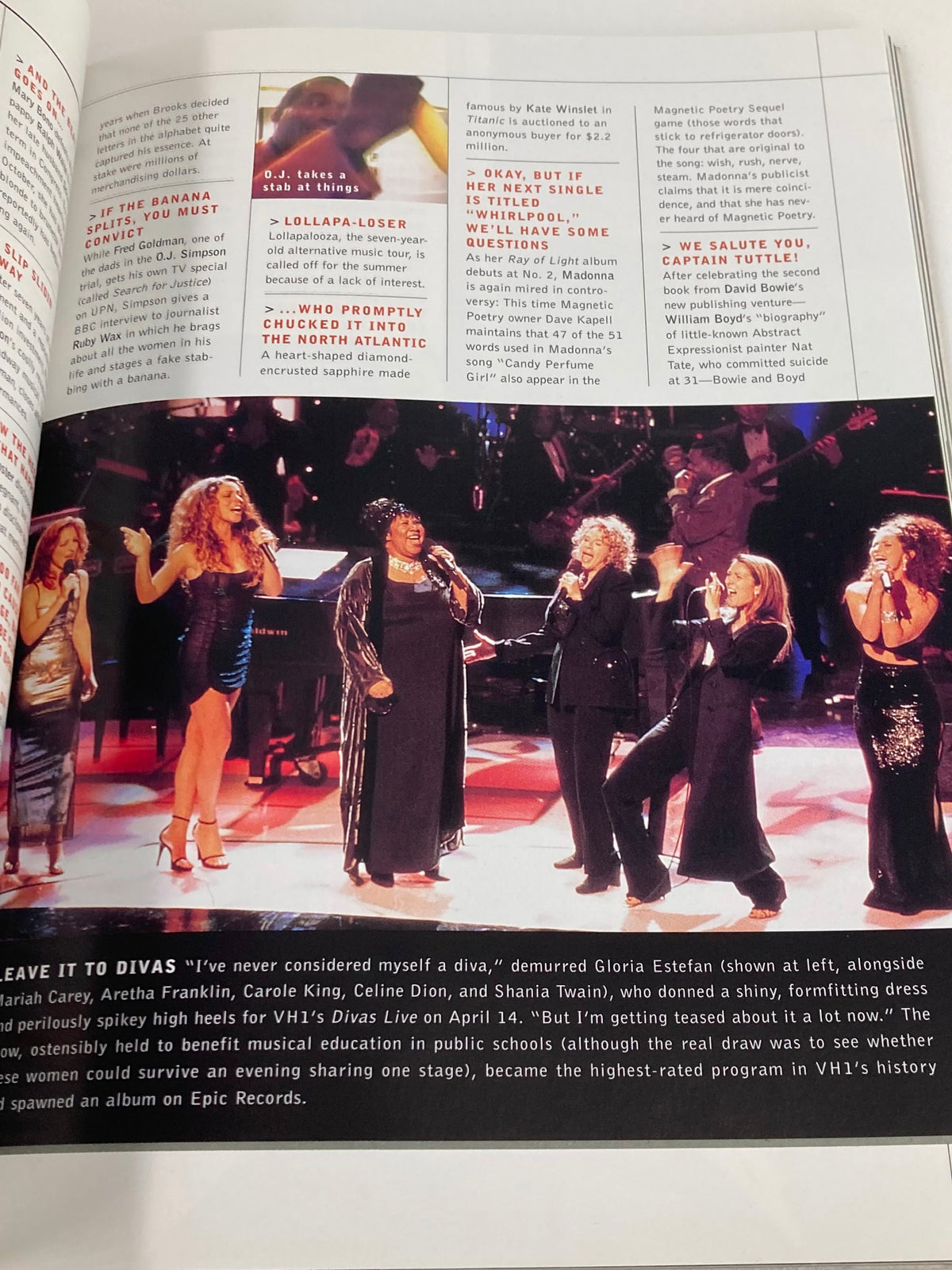 Another page from the VTG Entertainment Weekly Yearbook 1999 highlighting famous divas performing, showcasing well-known artists and their contributions in the music industry.