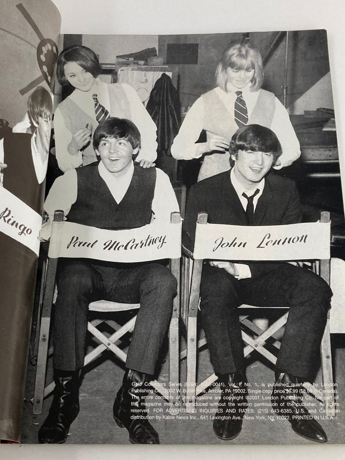 Interior page from Gold Collectors Series Magazine 2001: A Tribute To George Harrison showcasing Paul McCartney and John Lennon in a classic black and white photograph.