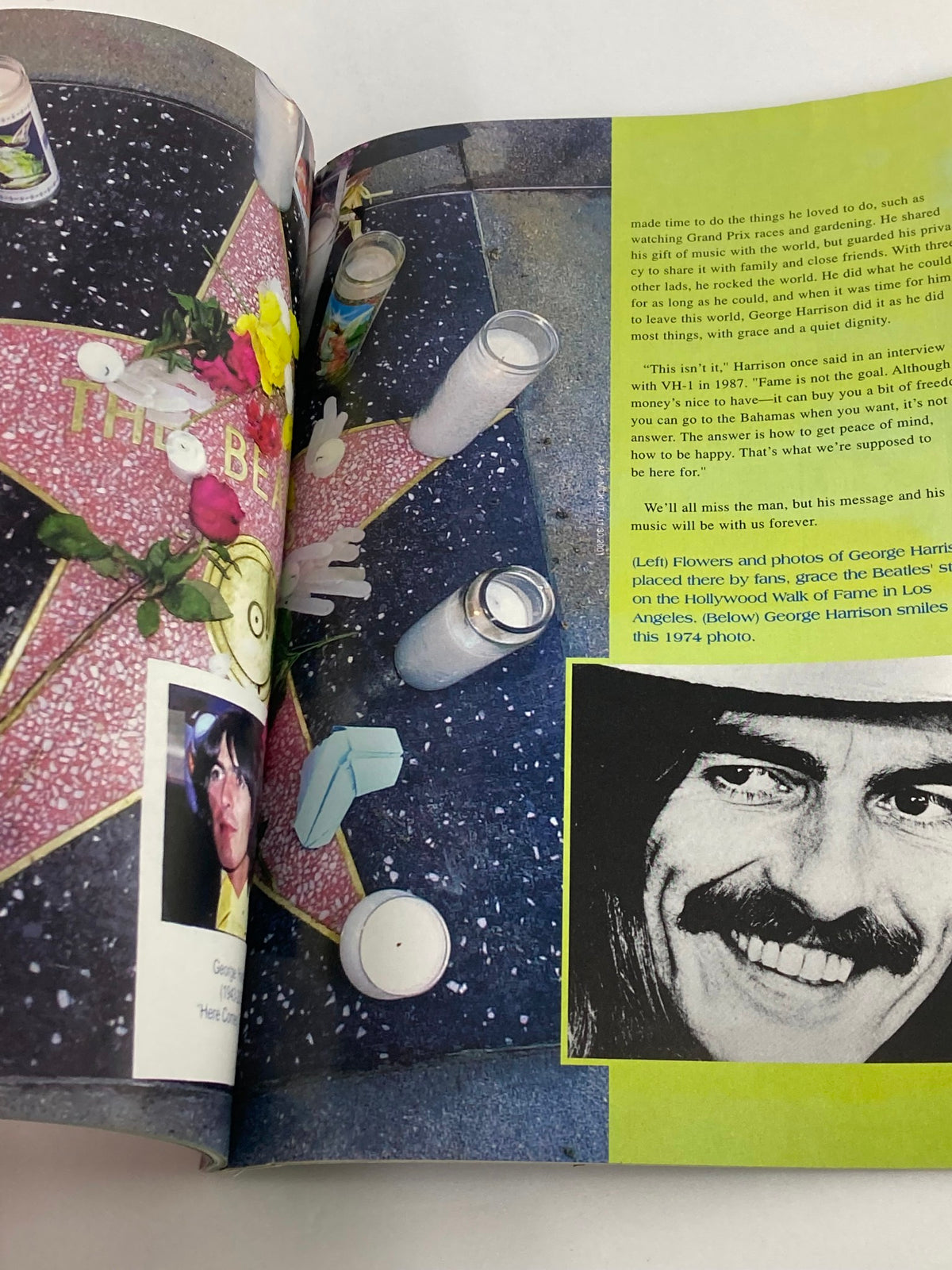 Gold Collectors Series Magazine 2001 A Tribute To George Harrison highlighting tributes to Harrison at his star on the Hollywood Walk of Fame with flowers and candles.