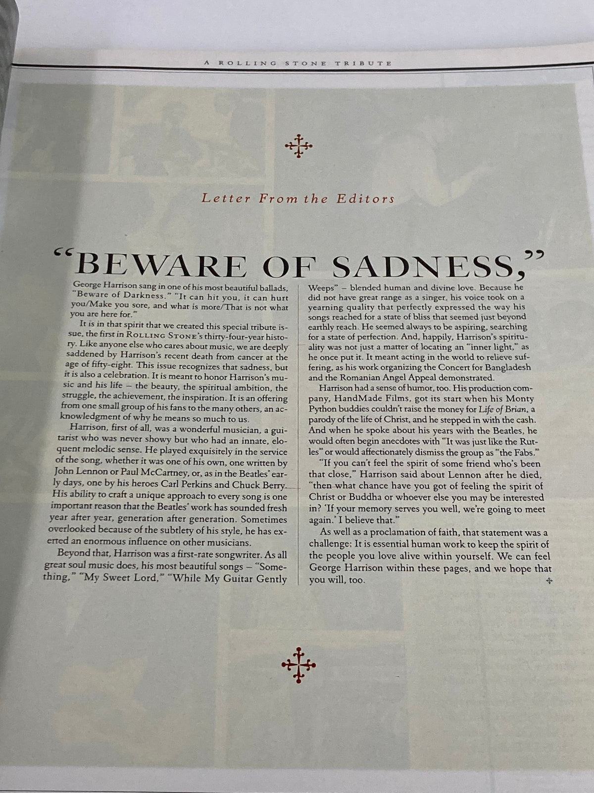 Inner page of Rolling Stone Magazine Special Edition 2001, titled 'Letter From the Editors,' highlighting a tribute to George Harrison with the phrase 'Beware of Sadness' and reflecting on his musical legacy.