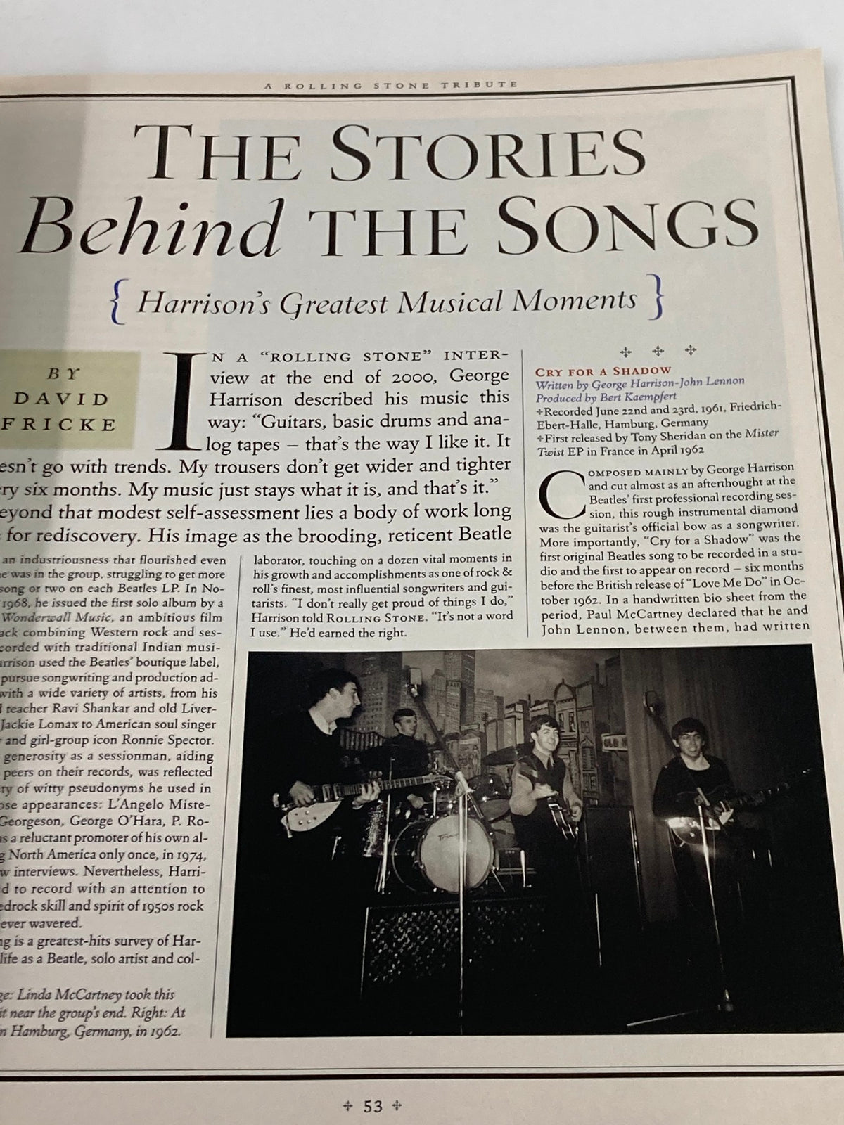 Inside article from Rolling Stone Magazine special edition 2001 featuring George Harrison, titled 'The Stories Behind the Songs', delving into his musical contributions.