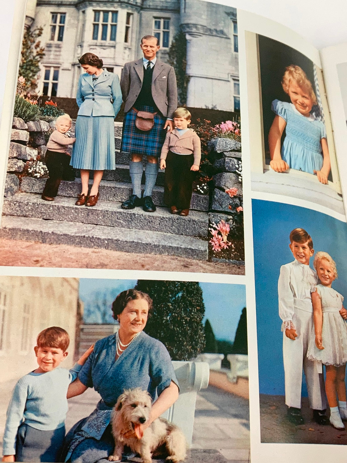 VTG Royal Family Souvenir 1973 Picture Book Queen Elizabeth II & Prince Phillip showcasing a family portrait, highlighting the royal couple with children in front of a stunning castle.