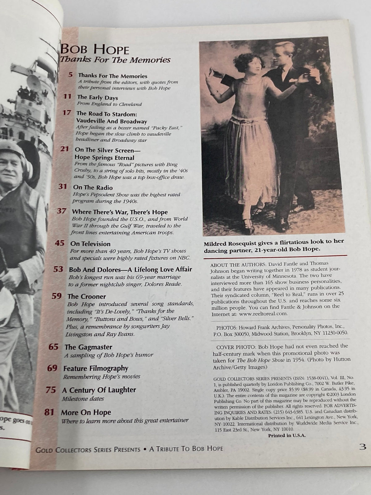 Interior page of Gold Collectors Series Magazine: A Tribute To Bob Hope 1903-2003 featuring memories and anecdotes about Bob Hope, including a vintage photograph of Bob Hope with a dancer.