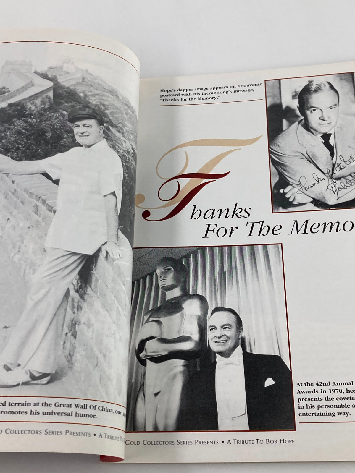 Another interior page from Gold Collectors Series Magazine: A Tribute To Bob Hope 1903-2003 showcasing Bob Hope’s humorous aspects and images from the 42nd Annual Academy Awards.