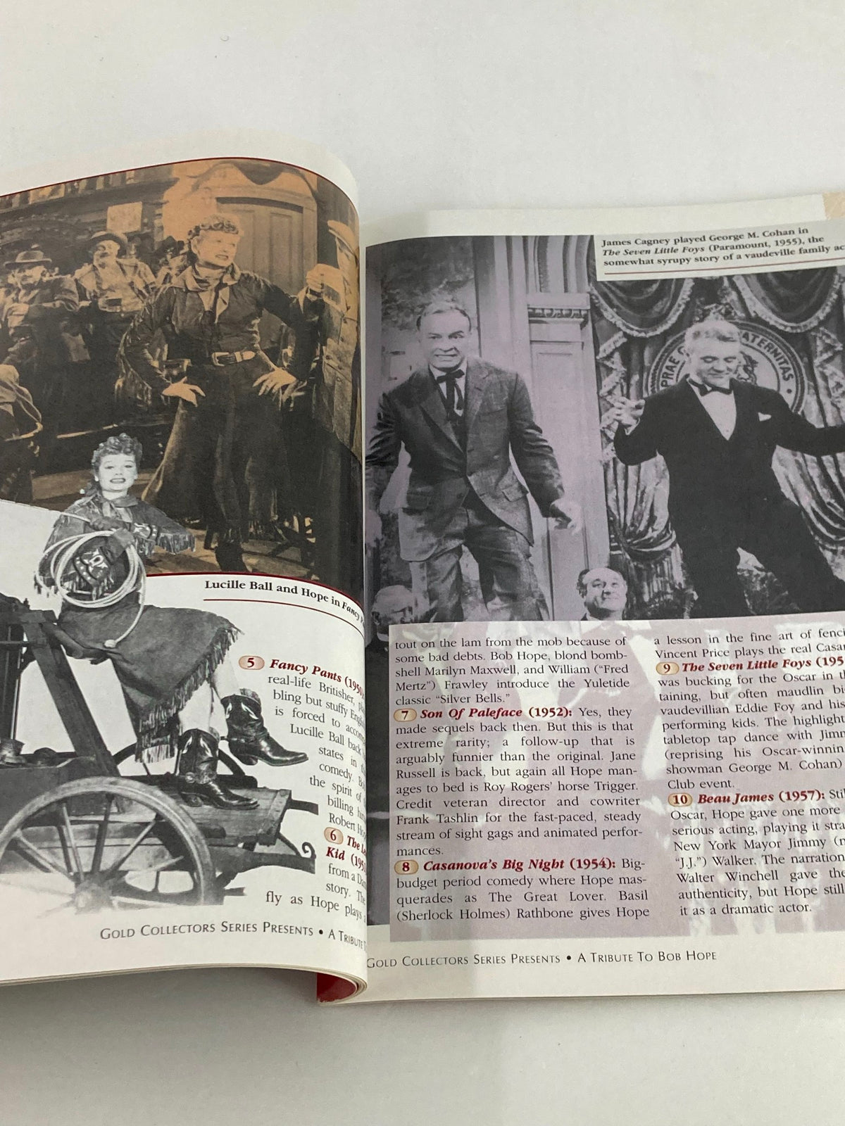 Interior spread of Gold Collectors Series Magazine: A Tribute To Bob Hope 1903-2003 depicting significant moments in Bob Hope's career alongside images of famous co-stars like Lucille Ball.