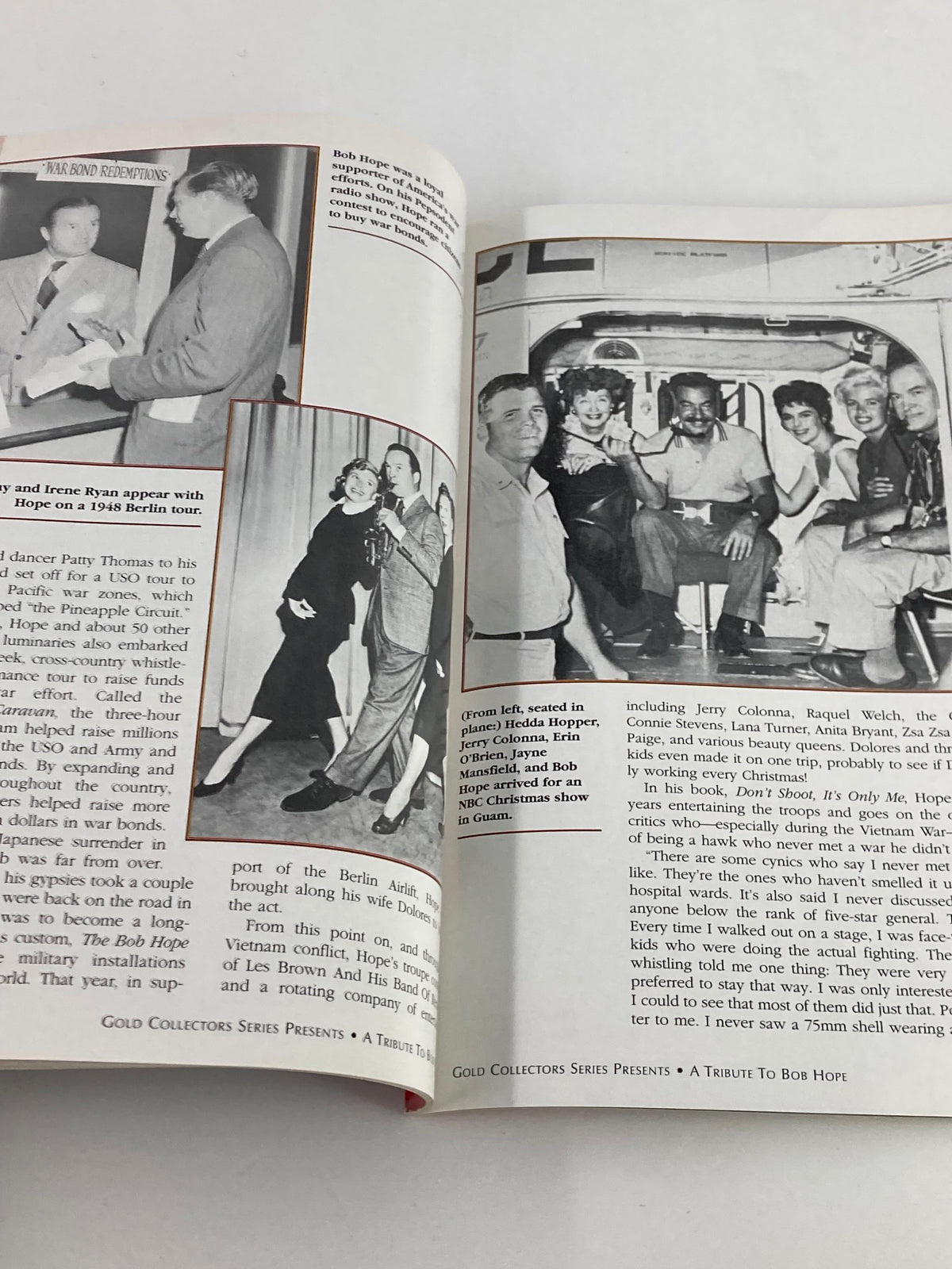 Interior page of Gold Collectors Series Magazine: A Tribute To Bob Hope 1903-2003 showing Bob Hope with fellow entertainers and showcasing behind-the-scenes moments.