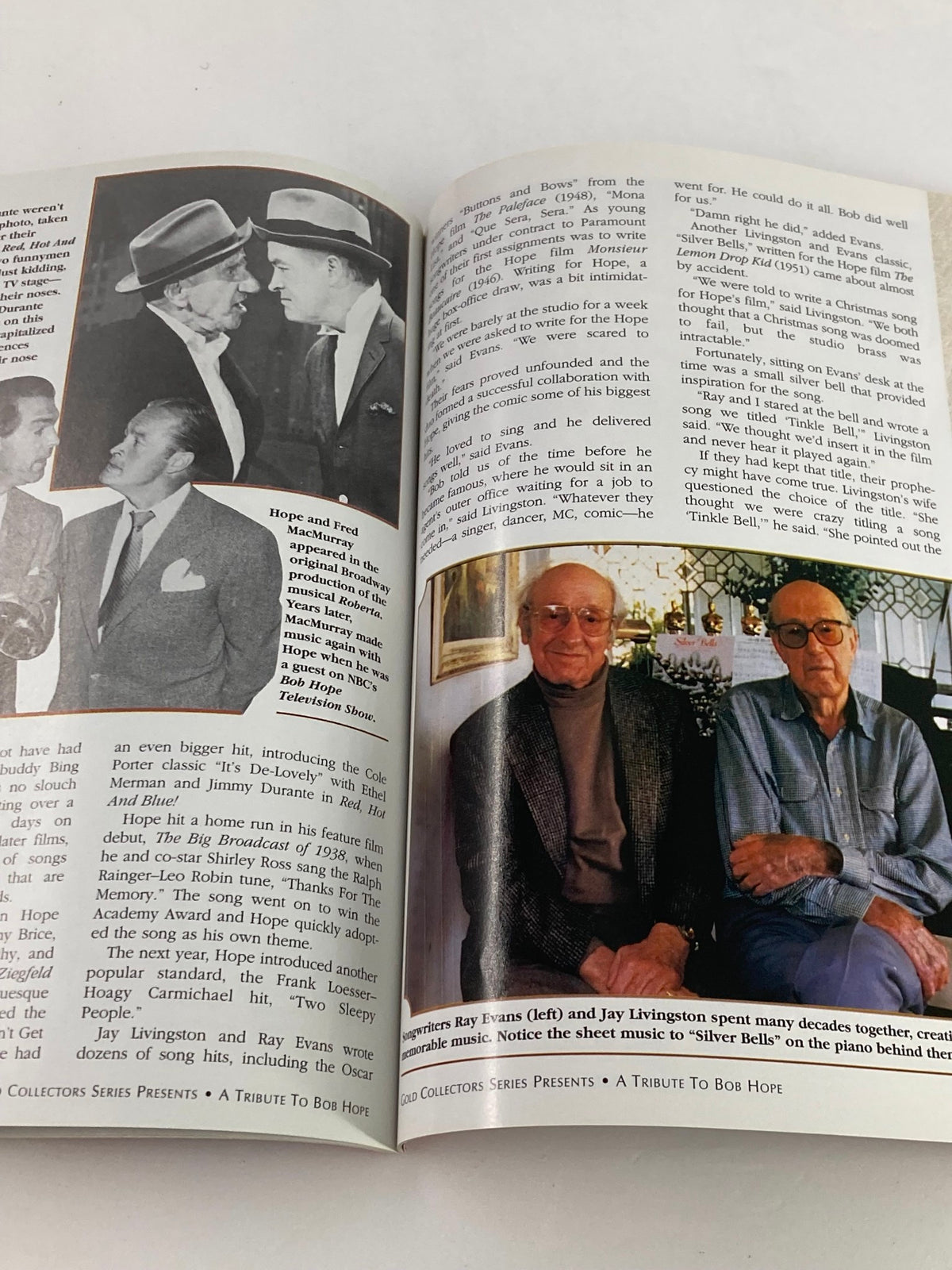 Inside pages of the Gold Collectors Series Magazine: A Tribute To Bob Hope 1903-2003 featuring historical photographs of Bob Hope and notable entertainers.