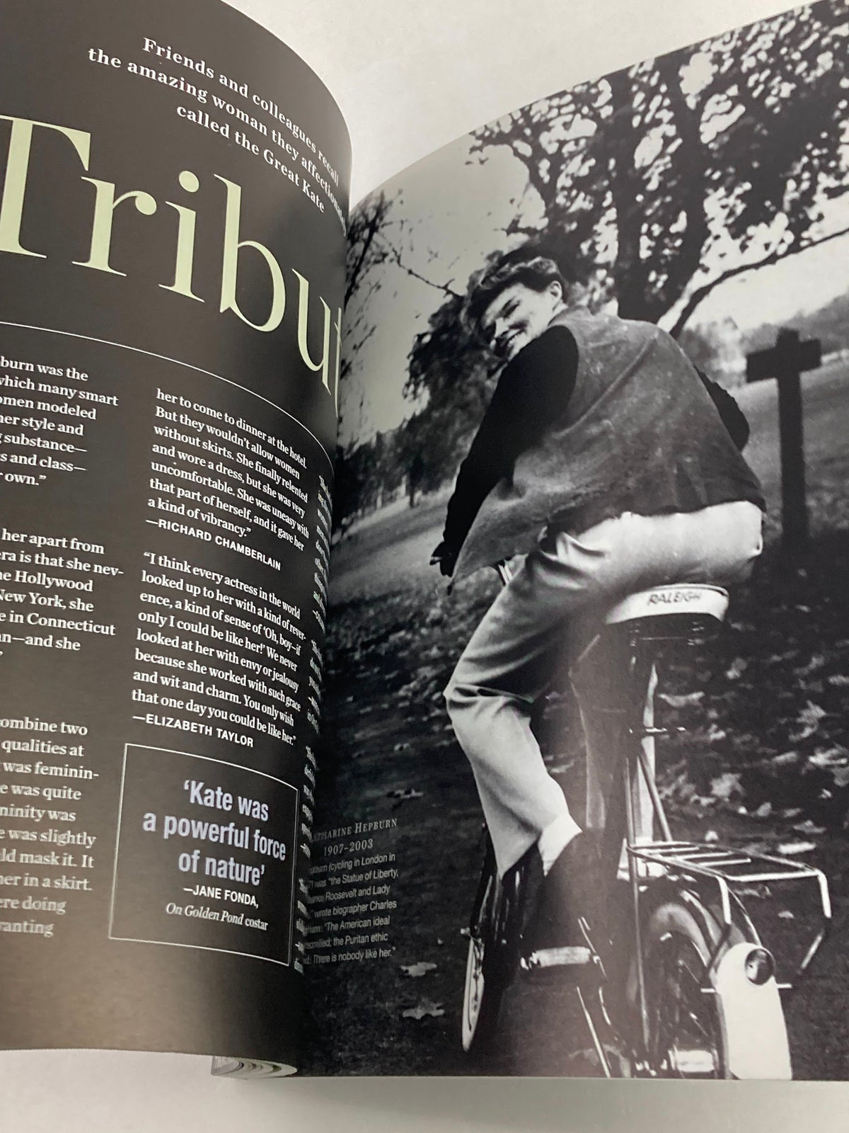 Tribute page from the People Magazine commemorative issue dedicated to Katharine Hepburn, showcasing a photograph and text highlighting her impact and friendships.