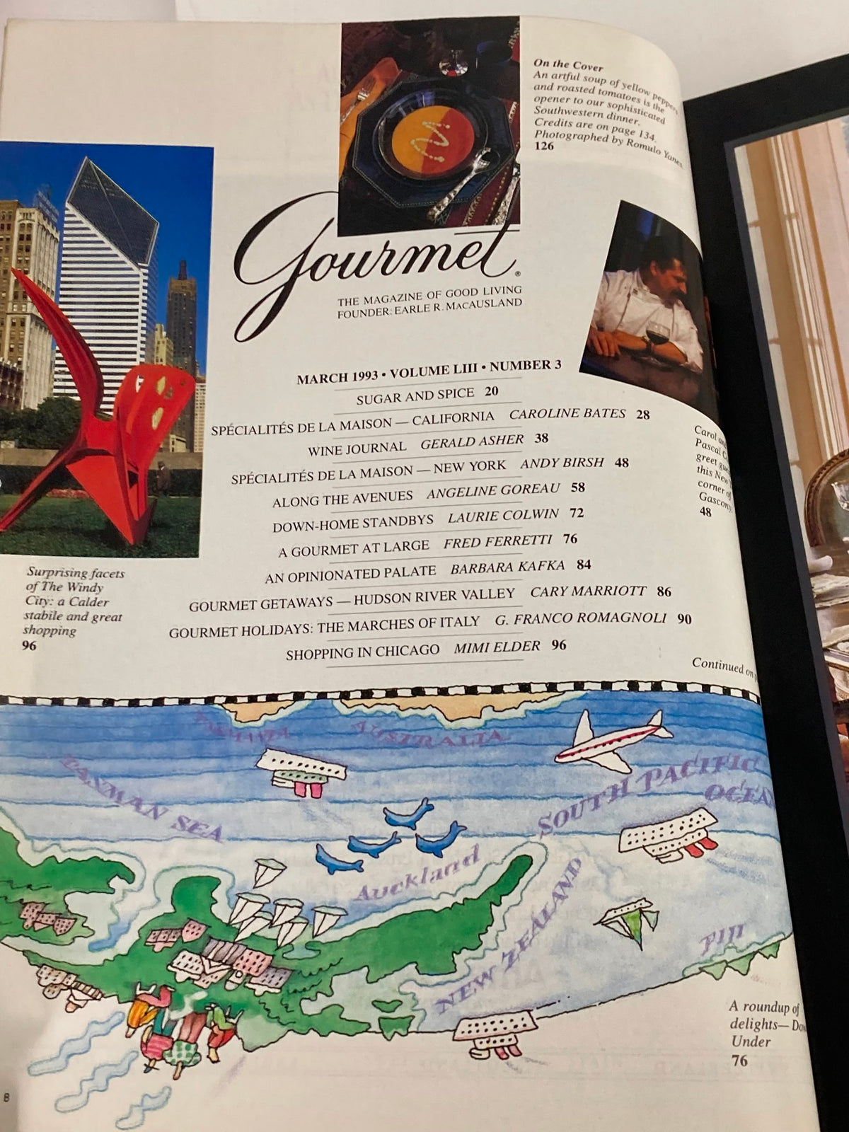 Table of contents from Gourmet Magazine March 1993, showcasing various articles including 'Gourmet Holidays: The Marches of Italy'.
