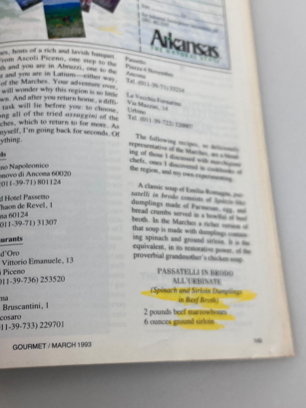 Page from Gourmet Magazine March 1993 listing restaurant recommendations and a recipe for 'Passatelli in Brodo all’Urbinate'.