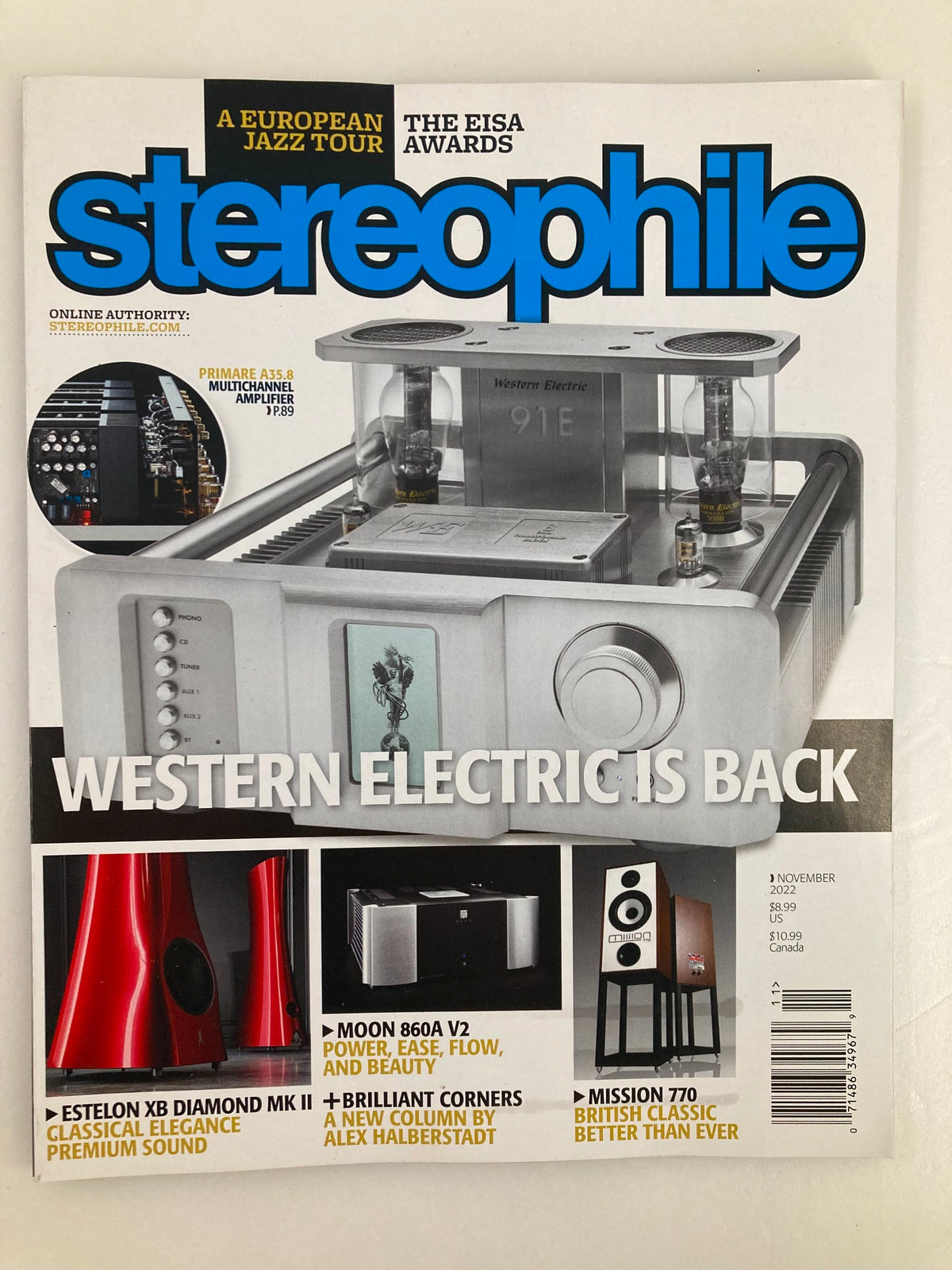 Cover of Stereophile Magazine November 2022 featuring a European Jazz Tour and the EISA Awards, showcasing high-end audio equipment and the return of Western Electric.