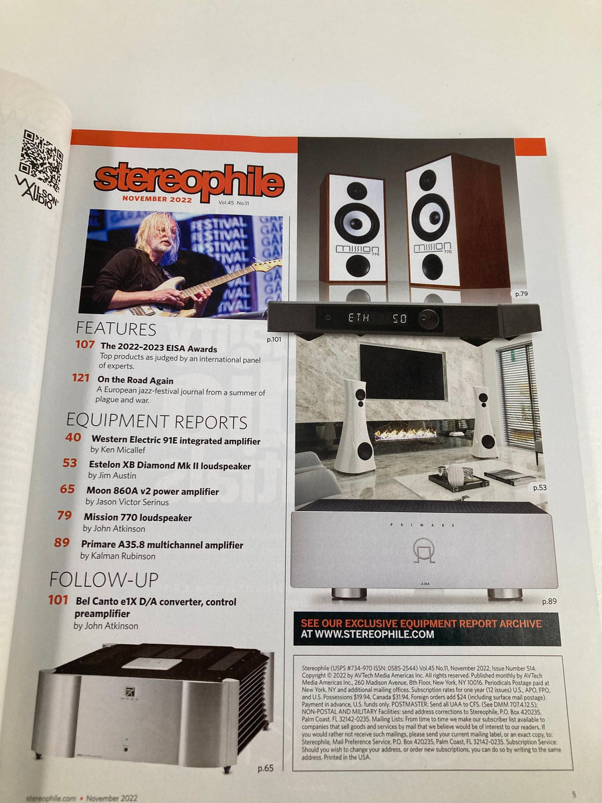 Stereophile Magazine November 2022 featuring the EISA Awards and equipment reports. The image showcases various audio equipment including speakers and amplifiers, enhancing the theme of music and audio excellence highlighted in the issue.