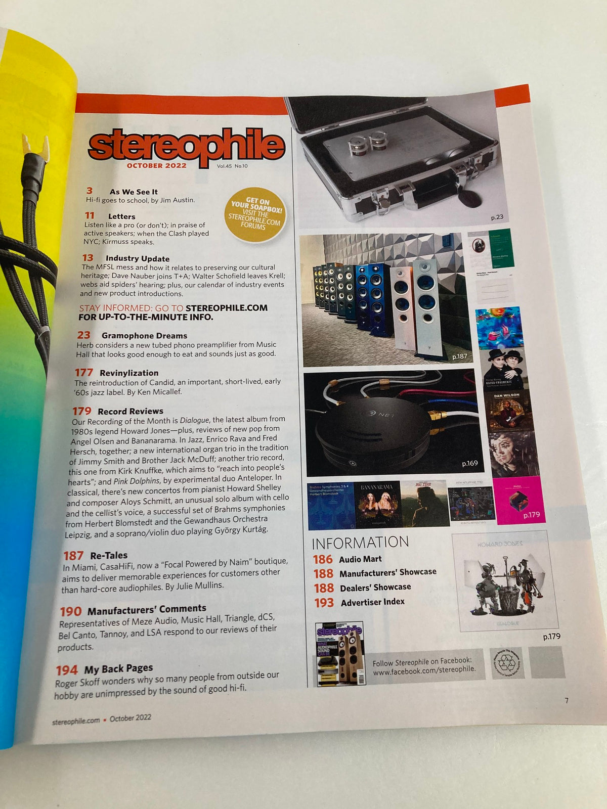 Interior page of Stereophile Magazine October 2022, displaying content headings and images, including a review section for the DCS Rossini Apex, reflecting insights into the latest audio technology trends.