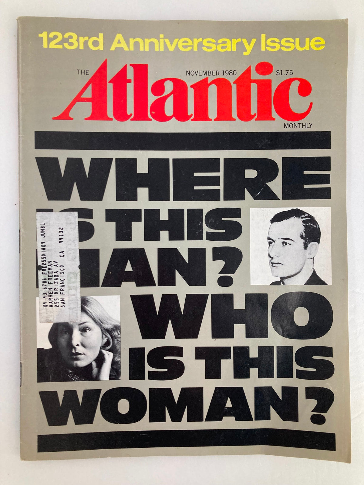 Cover of The Atlantic Magazine, November 1980 issue featuring the title 'Where Is This Man? Where Is This Woman?' with striking black text on a light gray background, showcasing a photo of a woman and a man, highlighting the intriguing stories of the edition.