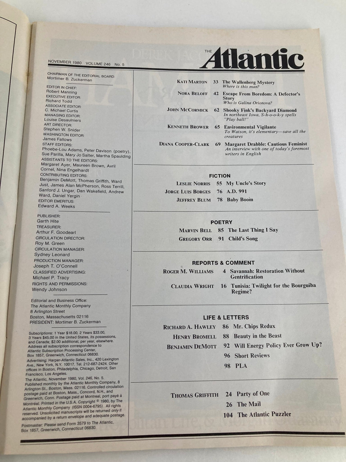Interior page of The Atlantic Magazine from November 1980, featuring the table of contents, editorial board details, and article titles including 'Where Is This Man?' and 'My Uncle's Story'. This collectible vintage magazine captures the essence of early 1980s cultural discourse.