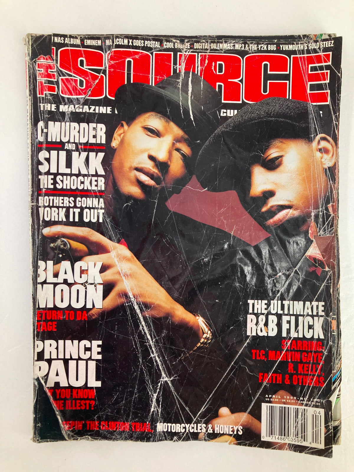 The Source Magazine April 1999, Issue No. 115 featuring C-Murder and Silkk The Shocker on the cover, showcasing their iconic poses and fashion from the late 90s hip-hop scene.