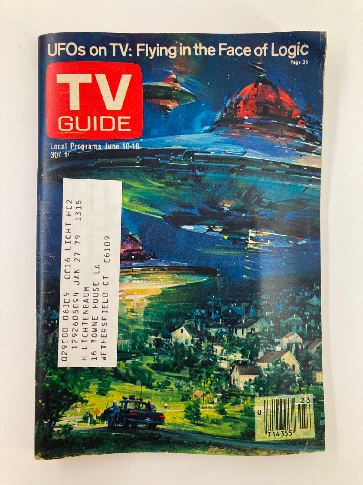 Cover of TV Guide Magazine June 10, 1978 issue #1315 featuring a dramatic artwork illustrating UFOs in a vibrant sky with a small town landscape below. The cover highlights the feature 'UFOs on TV: Flying in the Face of Logic'.
