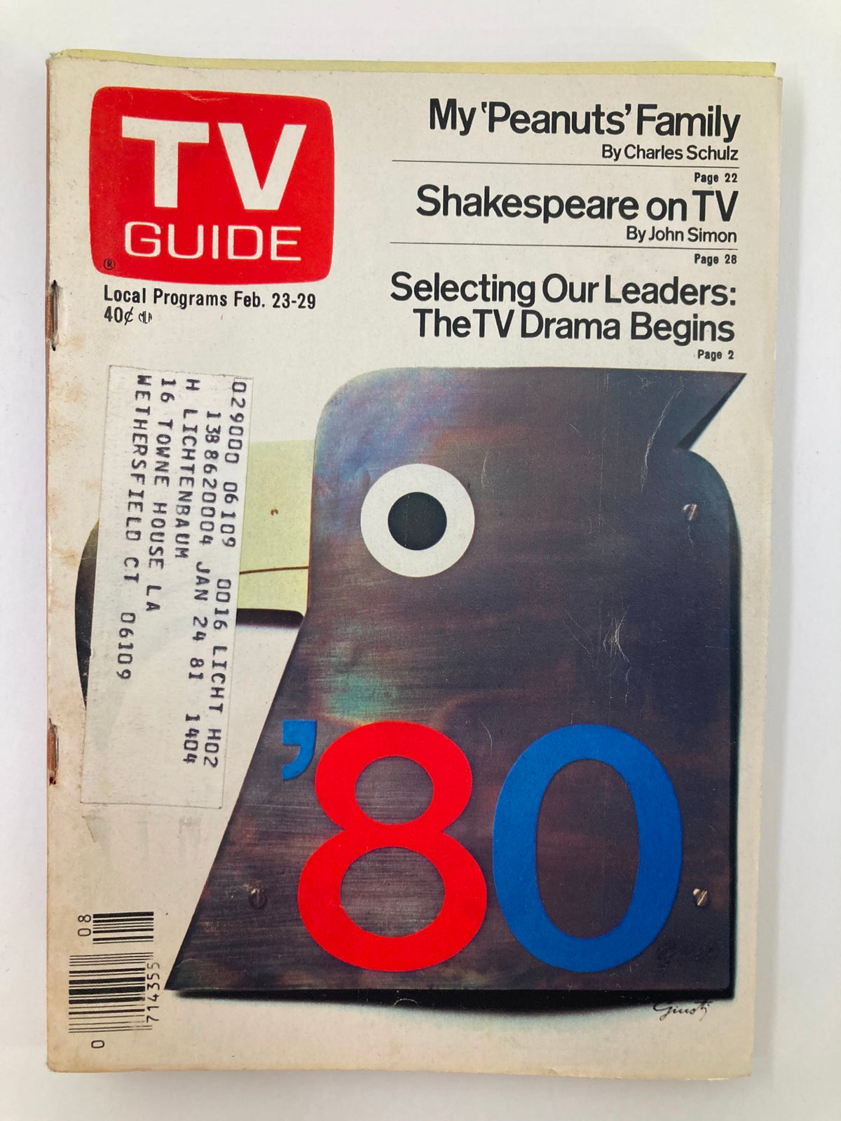 Cover of TV Guide Magazine February 23, 1980 featuring 'My Peanuts Family', highlighting local programs and themed articles from the late 1970s.