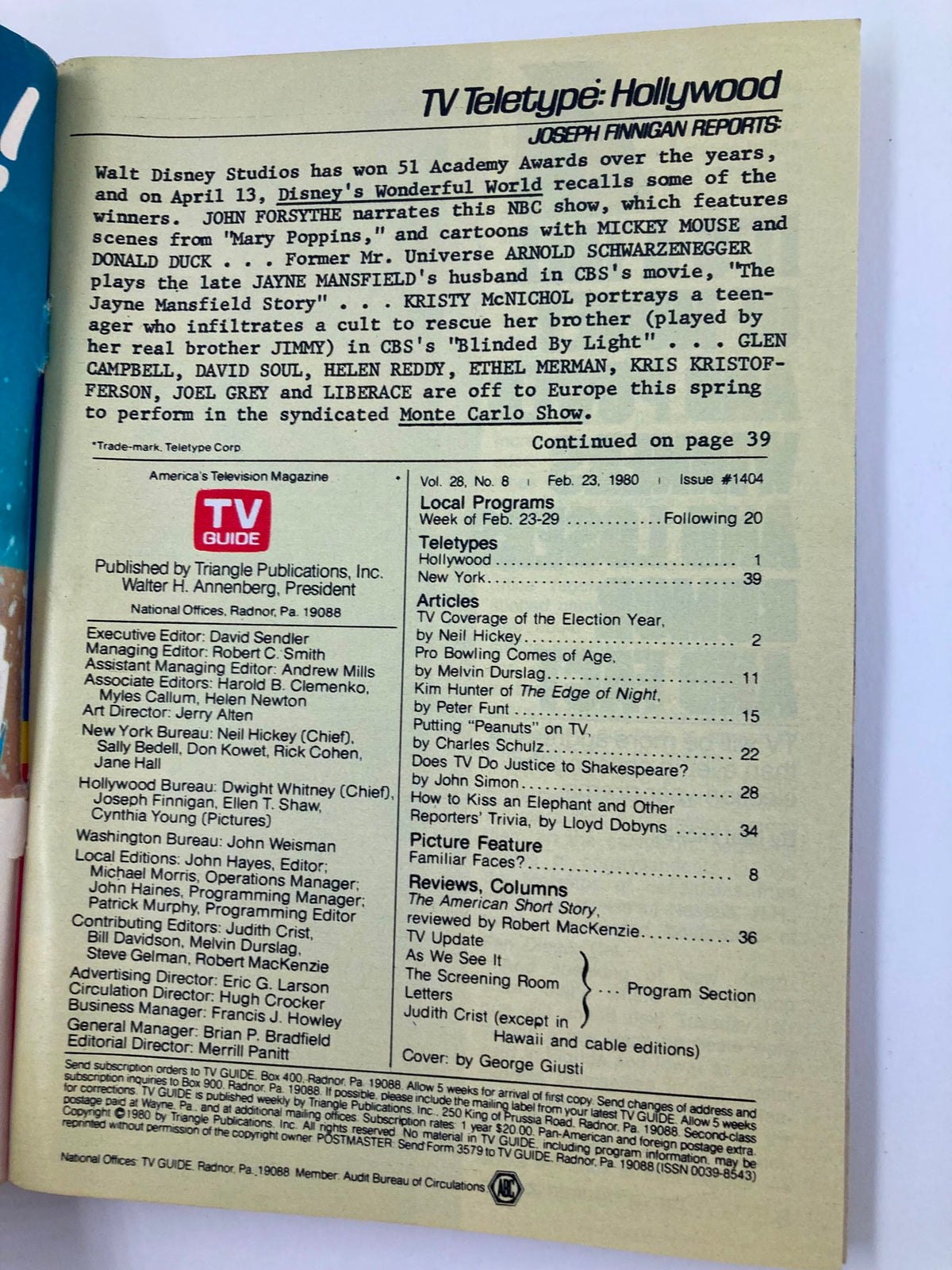 Inside page of TV Guide Magazine February 23, 1980 detailing articles and features, including a section on 'My Peanuts Family' and TV programming insights.