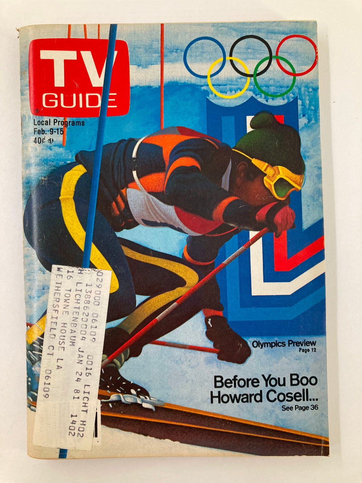Cover of TV Guide Magazine February 9 1980 featuring Howard Cosell and an Olympic skier, showcasing vintage television history and sports broadcasting culture.