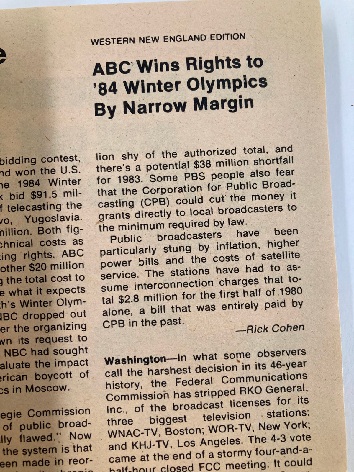 Article from TV Guide Magazine February 9 1980 discussing ABC's acquisition of rights to the 1984 Winter Olympics, reflecting television broadcasting trends and industry changes.