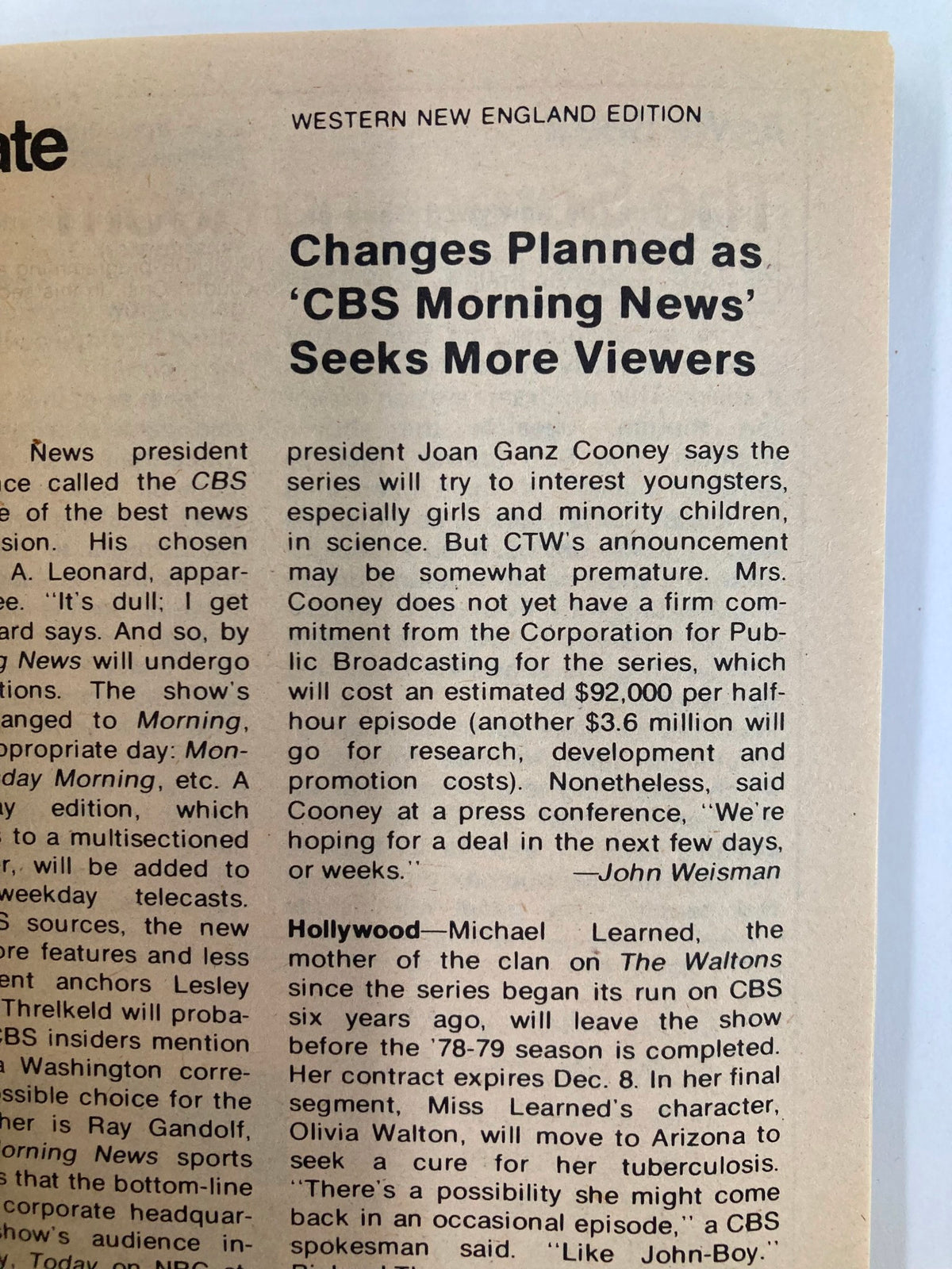 Another page from the Western New England Edition of TV Guide Magazine dated November 4, 1978, discussing changes in CBS Morning News with insights into television programming and notable personalities.