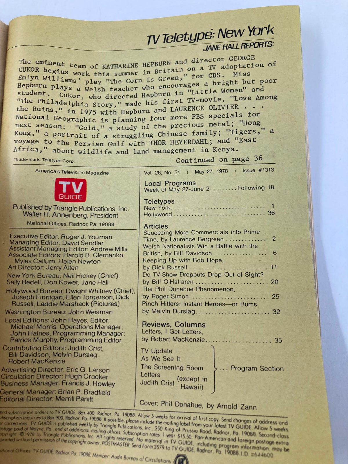 Inside page of TV Guide Magazine May 27 1978 Issue #1313 with articles including TV listings and programming features from the era.