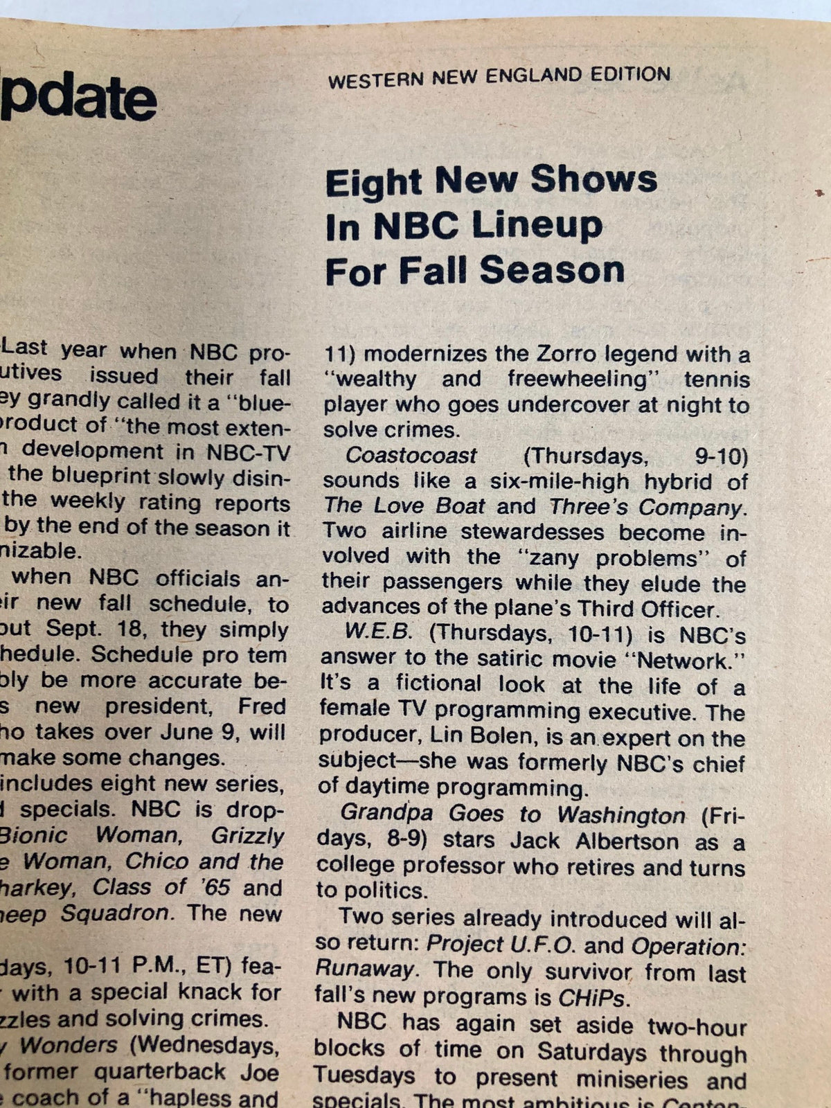 Article excerpt from TV Guide Magazine May 27 1978 Issue #1313 discussing new shows in NBC's lineup for the upcoming fall season.