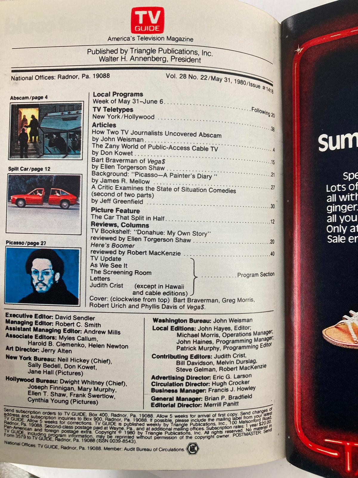 TV Guide Magazine May 31, 1980 internal page listing features and articles, including Bart Braverman and the FBI's Abscam Sting.