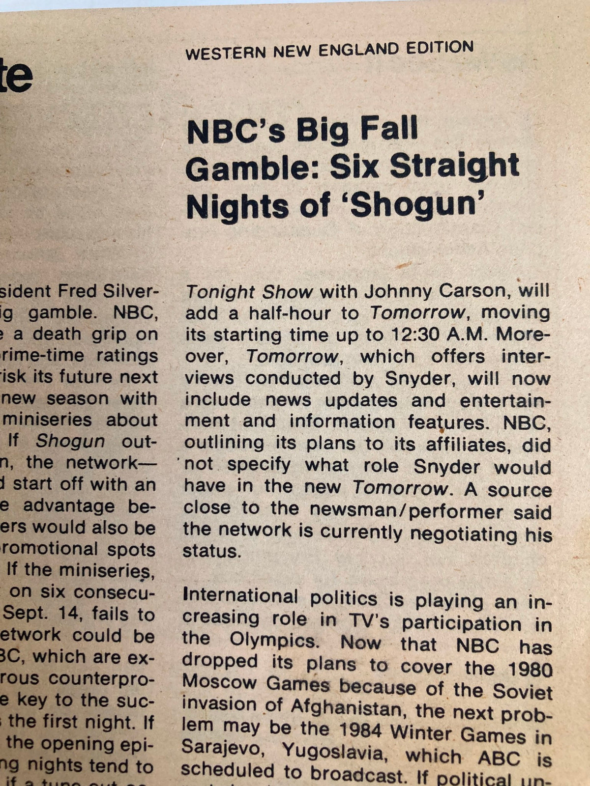 TV Guide Magazine May 31, 1980 Western New England Edition article discussing NBC's big fall gamble with the miniseries 'Shogun'.
