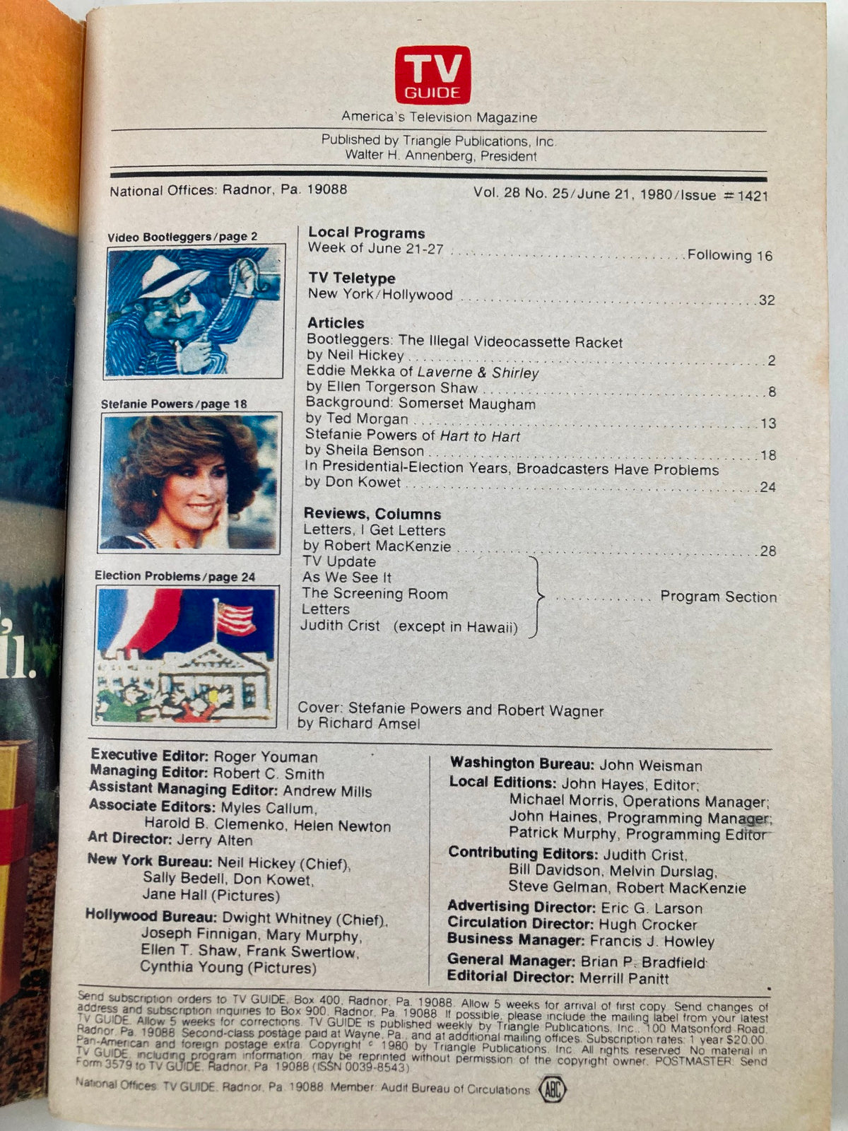 Inside page of TV Guide Magazine June 21 1980, issue #1421, detailing local programs and articles, with a focus on Stefanie Powers and the entertainment landscape of the time.