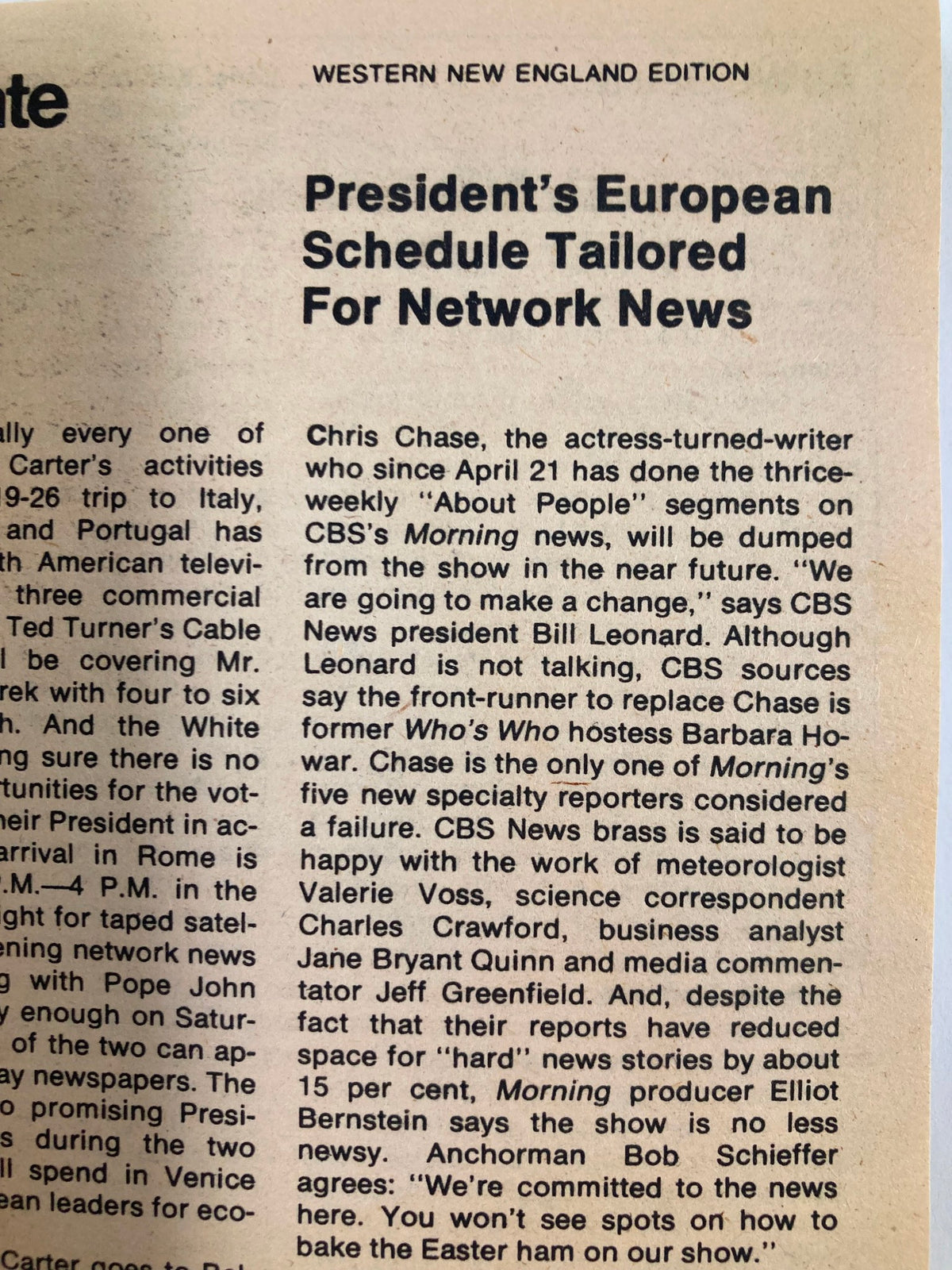 TV Guide Magazine June 21 1980 issue #1421, featuring an article titled 'President's European Schedule Tailored For Network News' with text discussing the CBS Morning news and notable media personalities of the era.