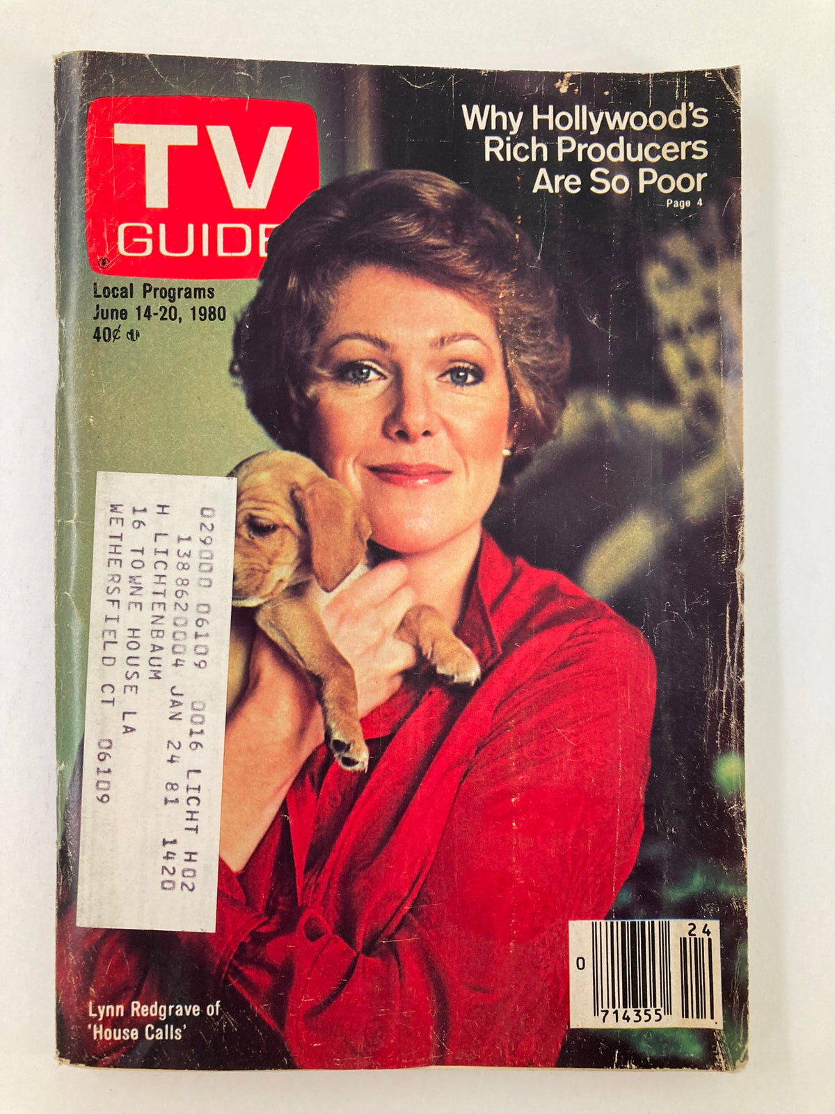 Cover of TV Guide Magazine June 14, 1980, issue #1420 featuring Lynn Redgrave holding a puppy. The magazine displays the title 'TV Guide' prominently along with the headline 'Why Hollywood's Rich Producers Are So Poor.'
