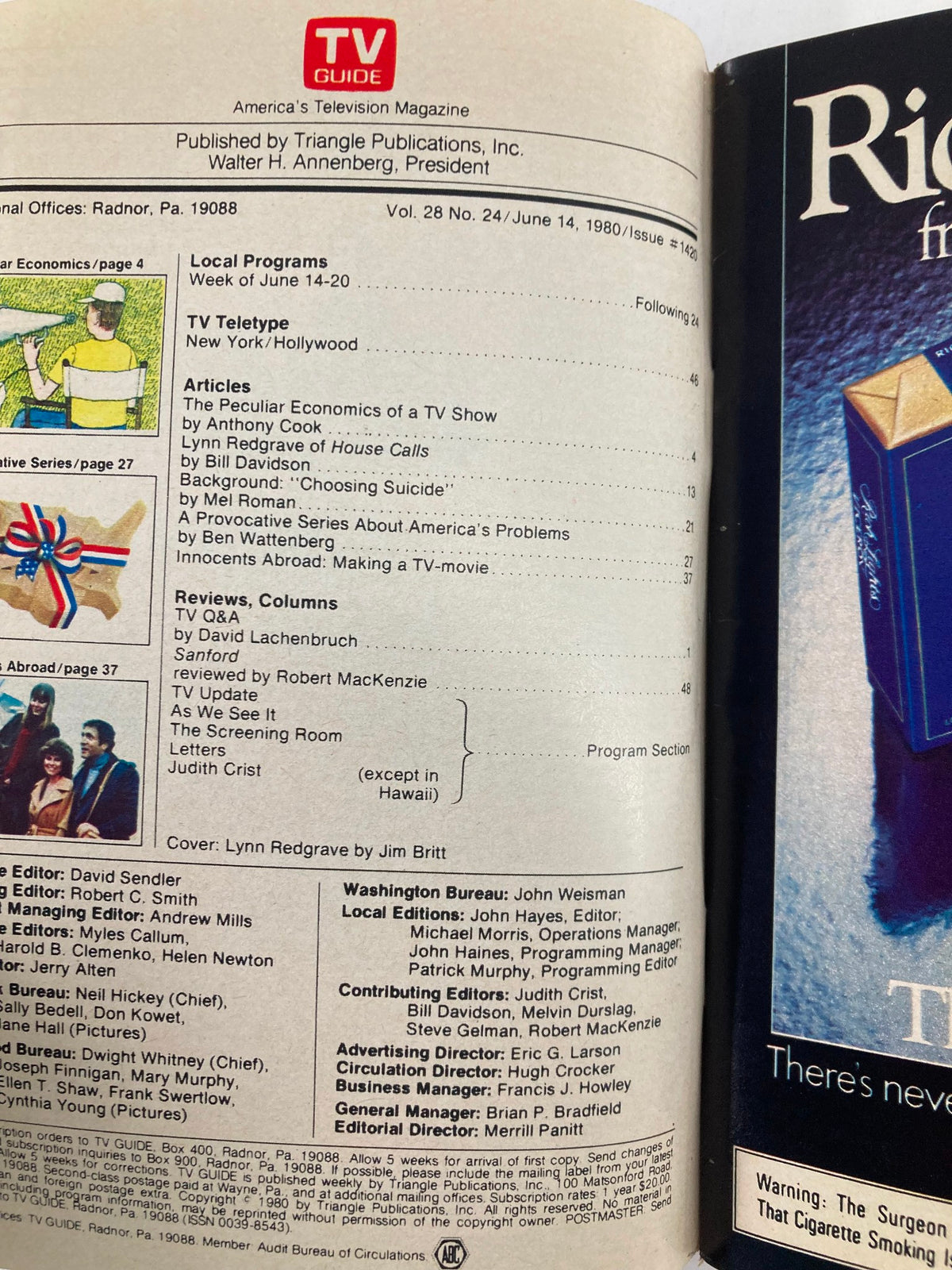 Interior page of TV Guide Magazine June 14, 1980, issue #1420 displaying the table of contents. Features articles including Lynn Redgrave from 'House Calls' and local program listings.