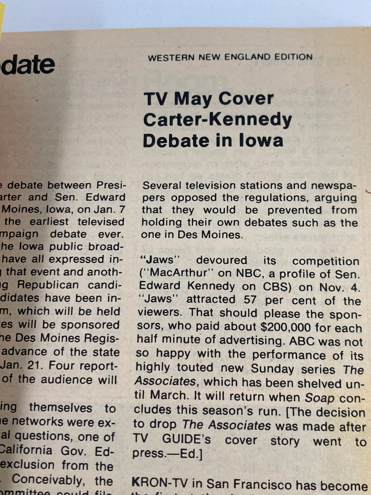 Interior page of TV Guide Magazine from November 17, 1979 featuring an article about the Carter-Kennedy debate in Iowa and highlights of popular television shows, part of the Western New England Edition.