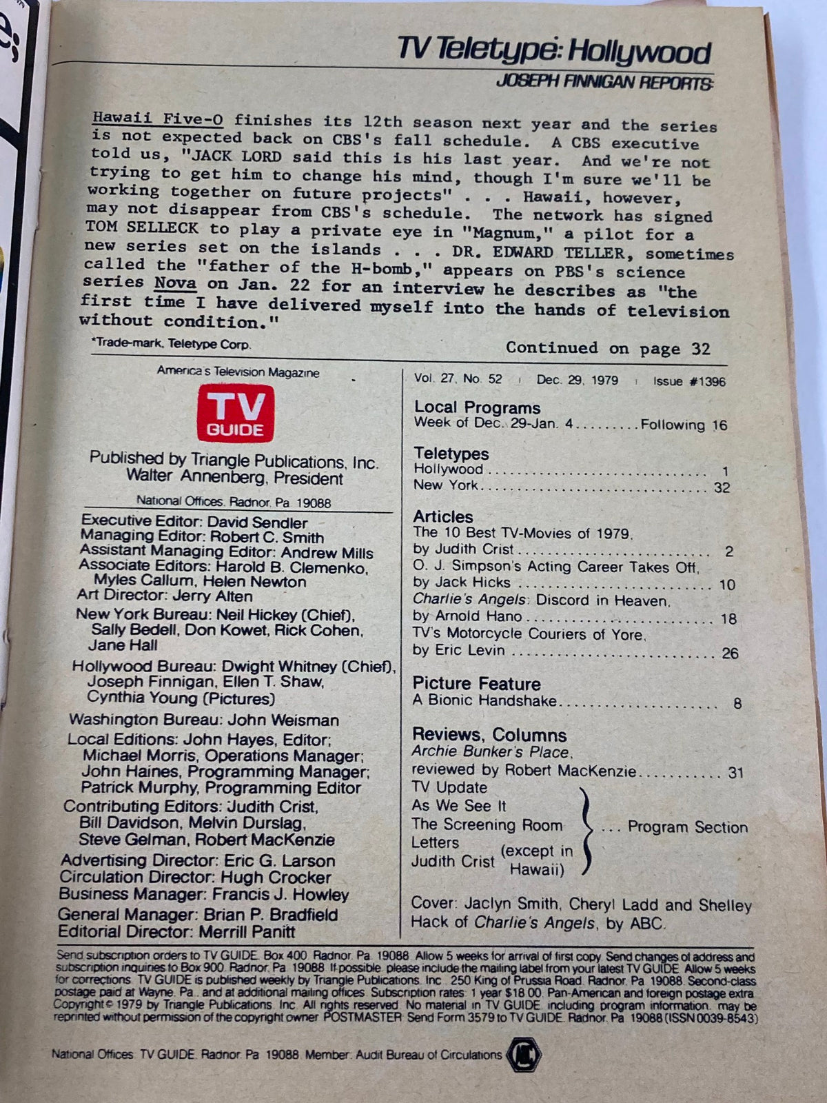 Back cover of TV Guide Magazine December 29 1979 featuring TV Teletype Hollywood announcements, including news about popular shows like Hawaii Five-O and the signing of Tom Selleck for Magnum.