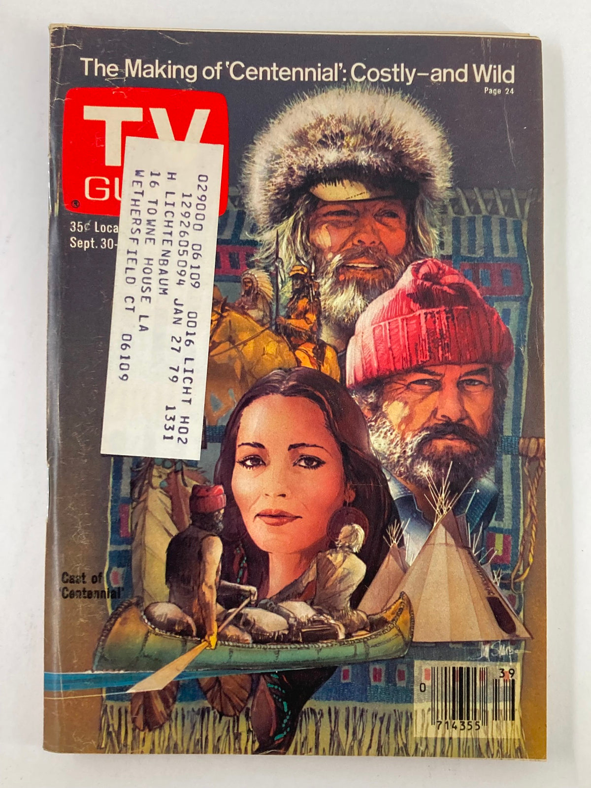 Cover of TV Guide Magazine dated September 30 1978 featuring Robert Conrad. The artwork depicts characters from the series 'Centennial', showcasing iconic Western themes and imagery.