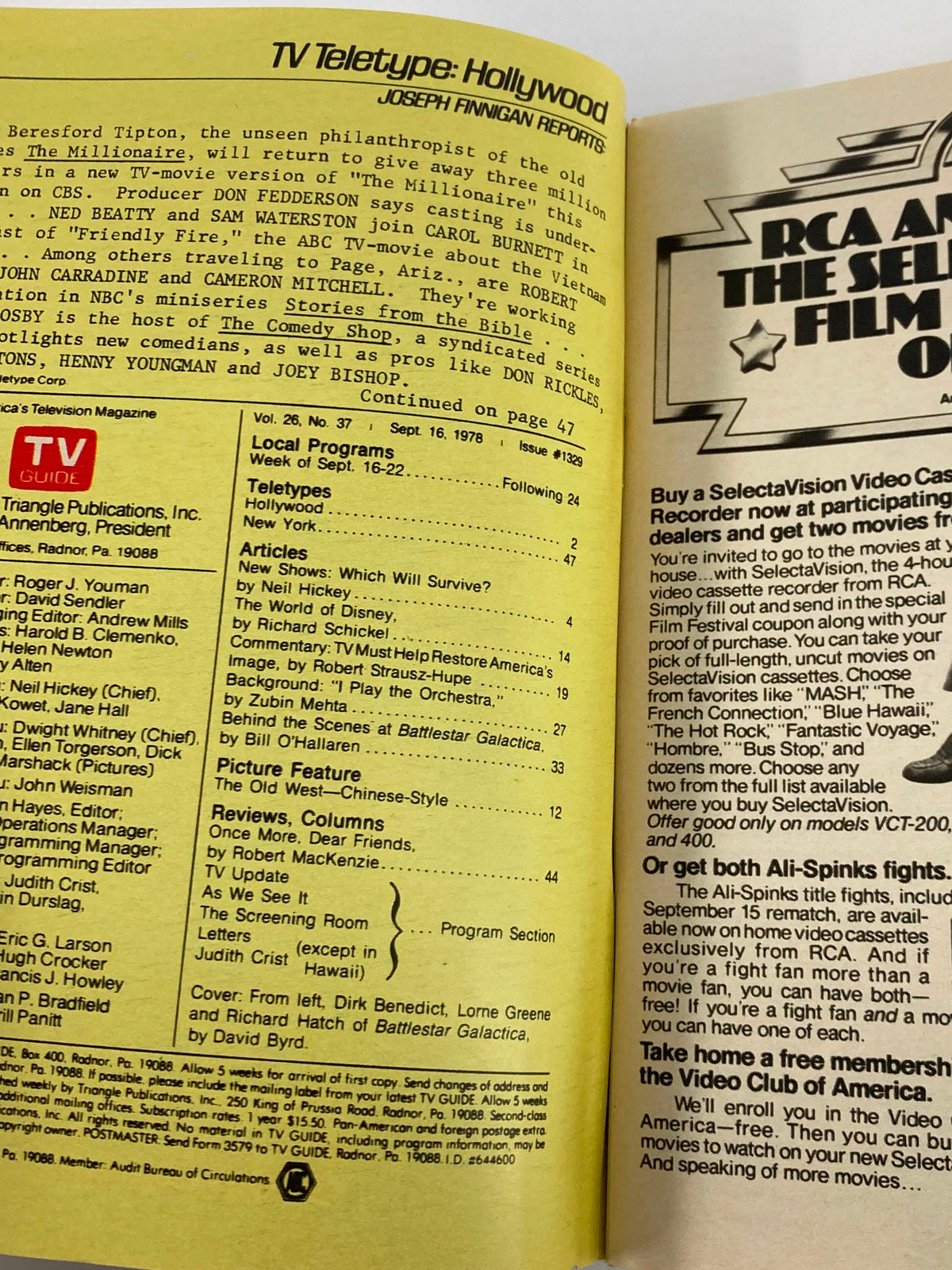 Inside view of TV Guide Magazine September 16 1978 featuring Dirk Benedict, displaying a detailed table of contents alongside promotional advertisements from the late 1970s.