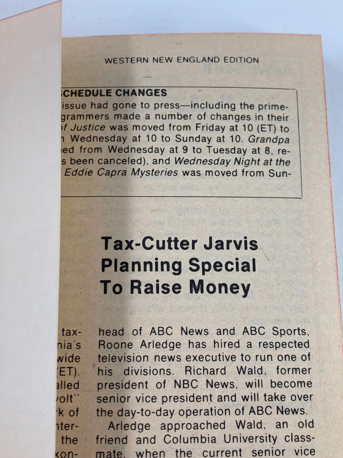 Inside page of TV Guide Magazine September 16 1978 featuring schedule changes and a news article about tax-cutter Jarvis planning a special to raise money, from the Western New England Edition.