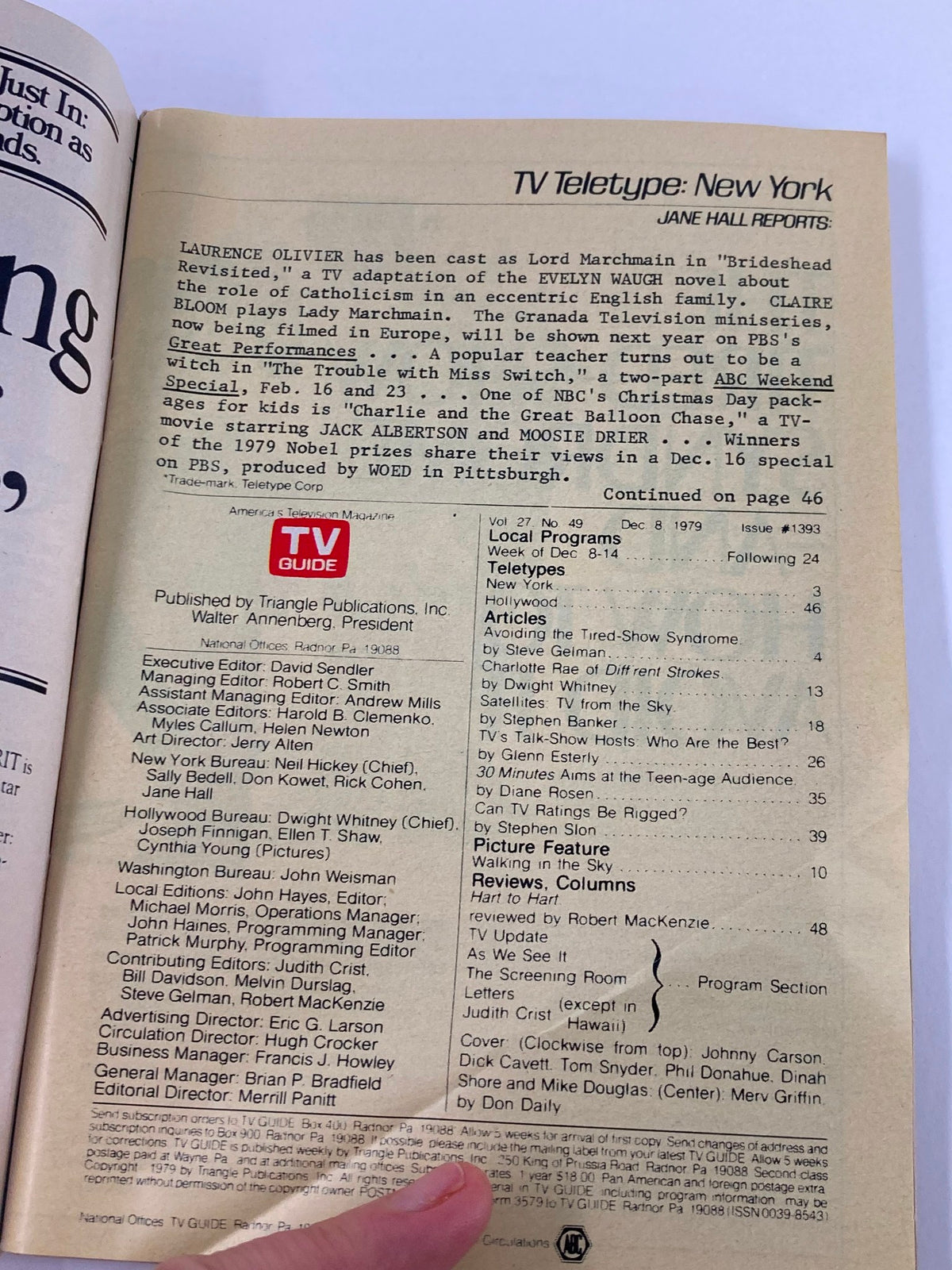 Interior page from TV Guide Magazine December 8 1979 featuring TV Teletype updates including programming details and schedules, showcasing the era's television culture.