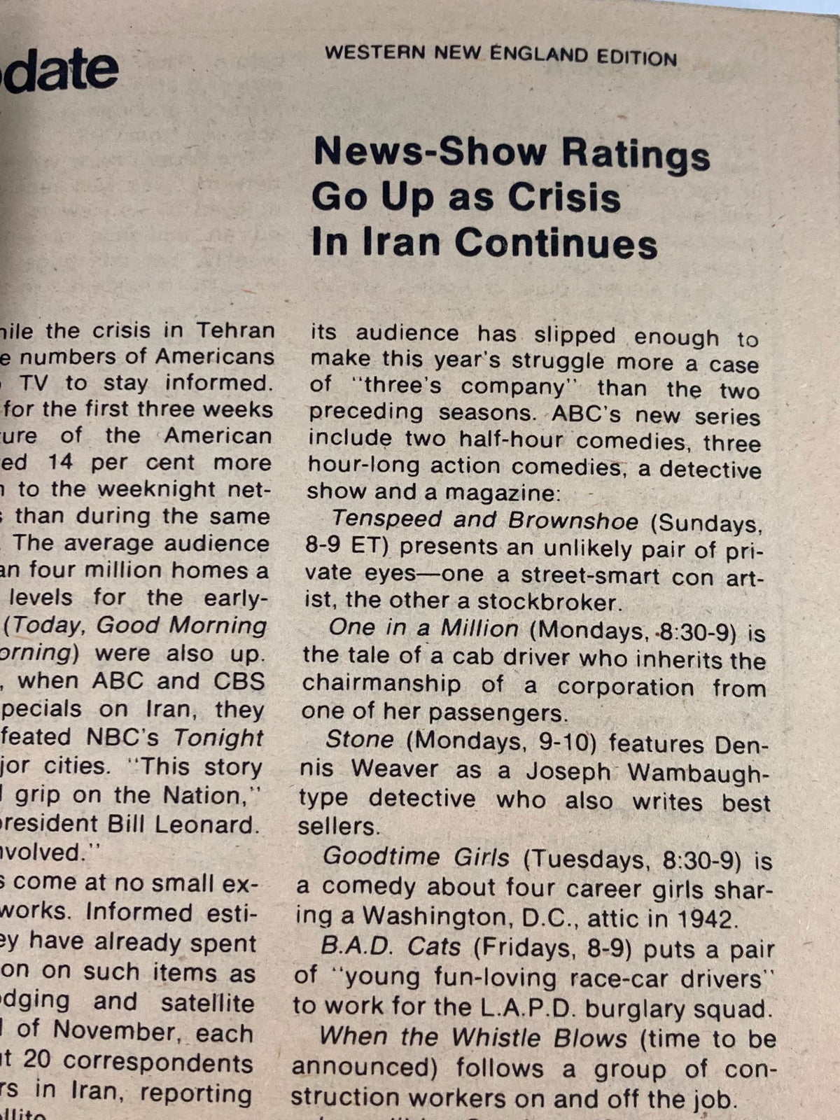 Western New England Edition of TV Guide Magazine December 8 1979 discussing news-show ratings and television programming during the Iran crisis, reflecting the historical context of the time.