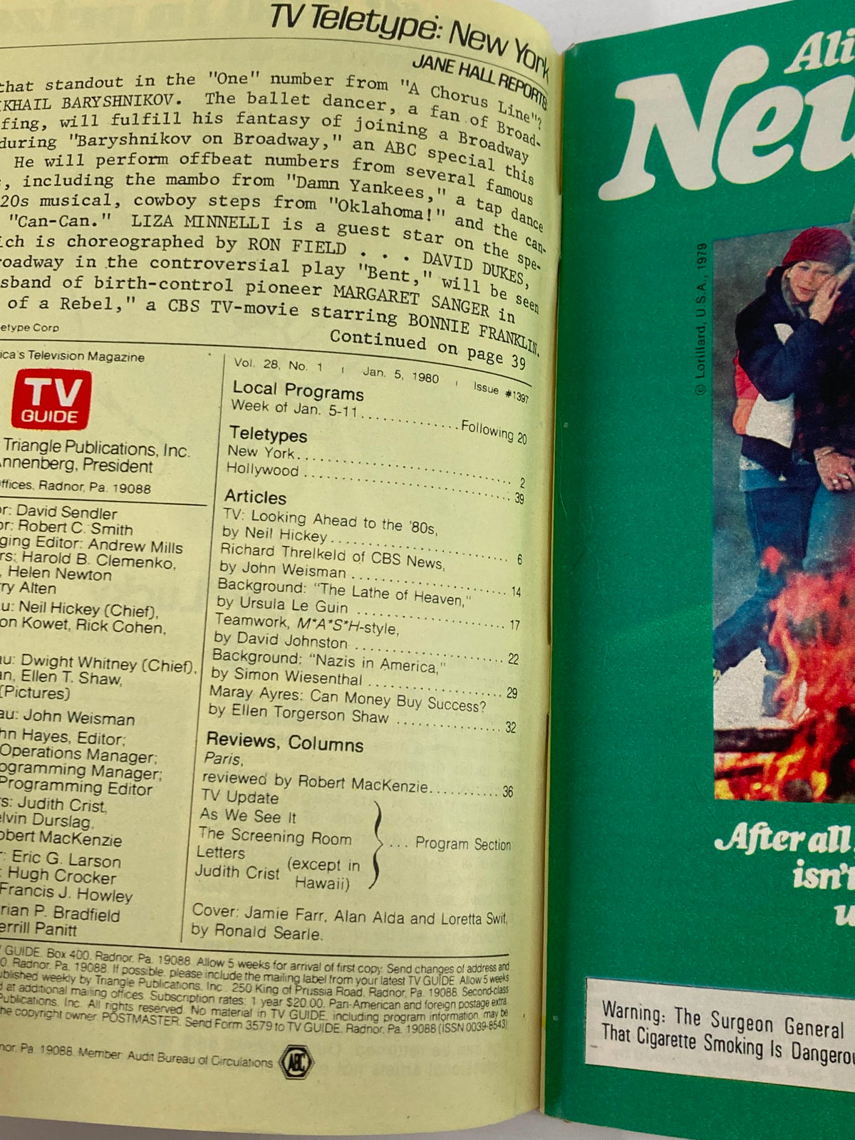 Inside page of TV Guide Magazine January 5, 1980, issue #1397, showcasing television program listings and articles about popular shows and personalities of the era.