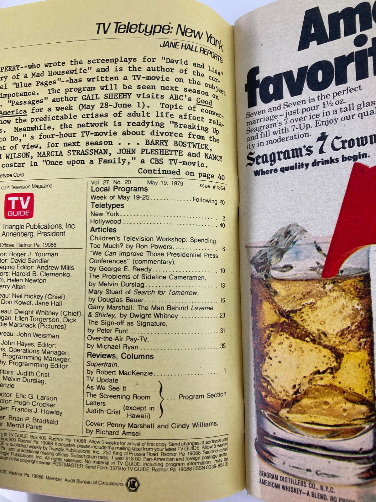 Interior page of TV Guide Magazine May 19 1979 issue showing TV Teletype news and program listings, highlighting programming from that era.