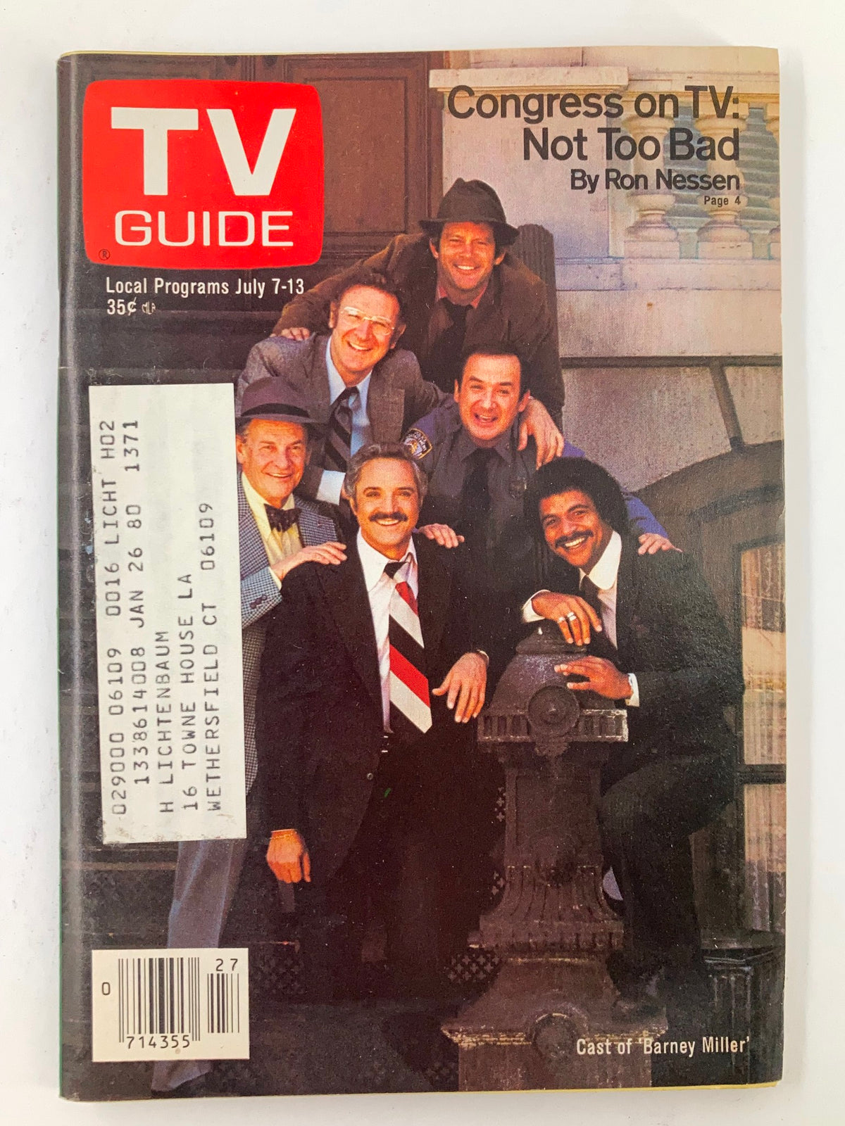 TV Guide Magazine July 7 1979 cover featuring Max Gail and Ron Carey among the cast of 'Barney Miller', showcasing vintage television history.