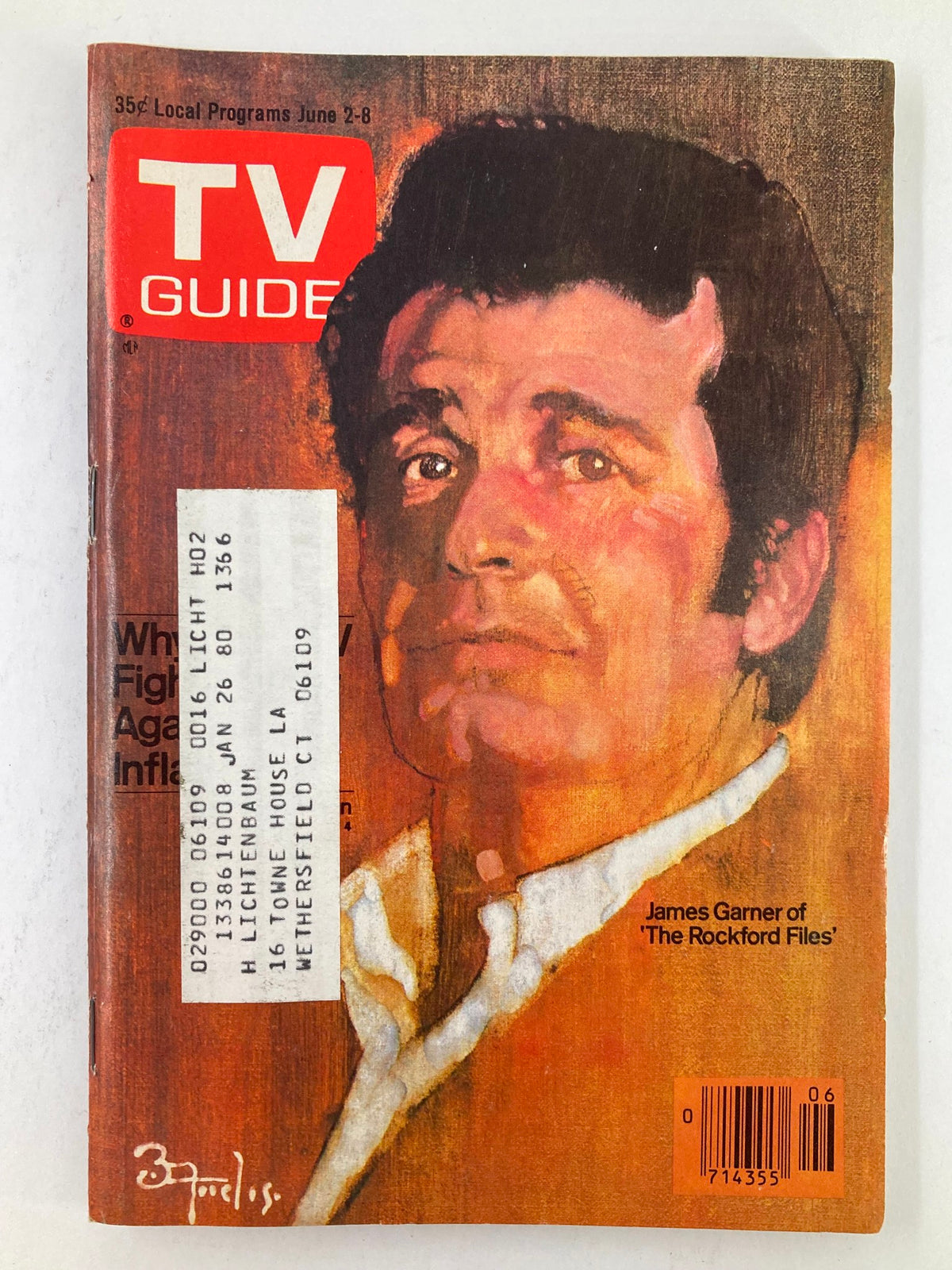 Cover of TV Guide Magazine June 2 1979 featuring James Garner from 'The Rockford Files', showcasing vintage TV aesthetics and an address label.