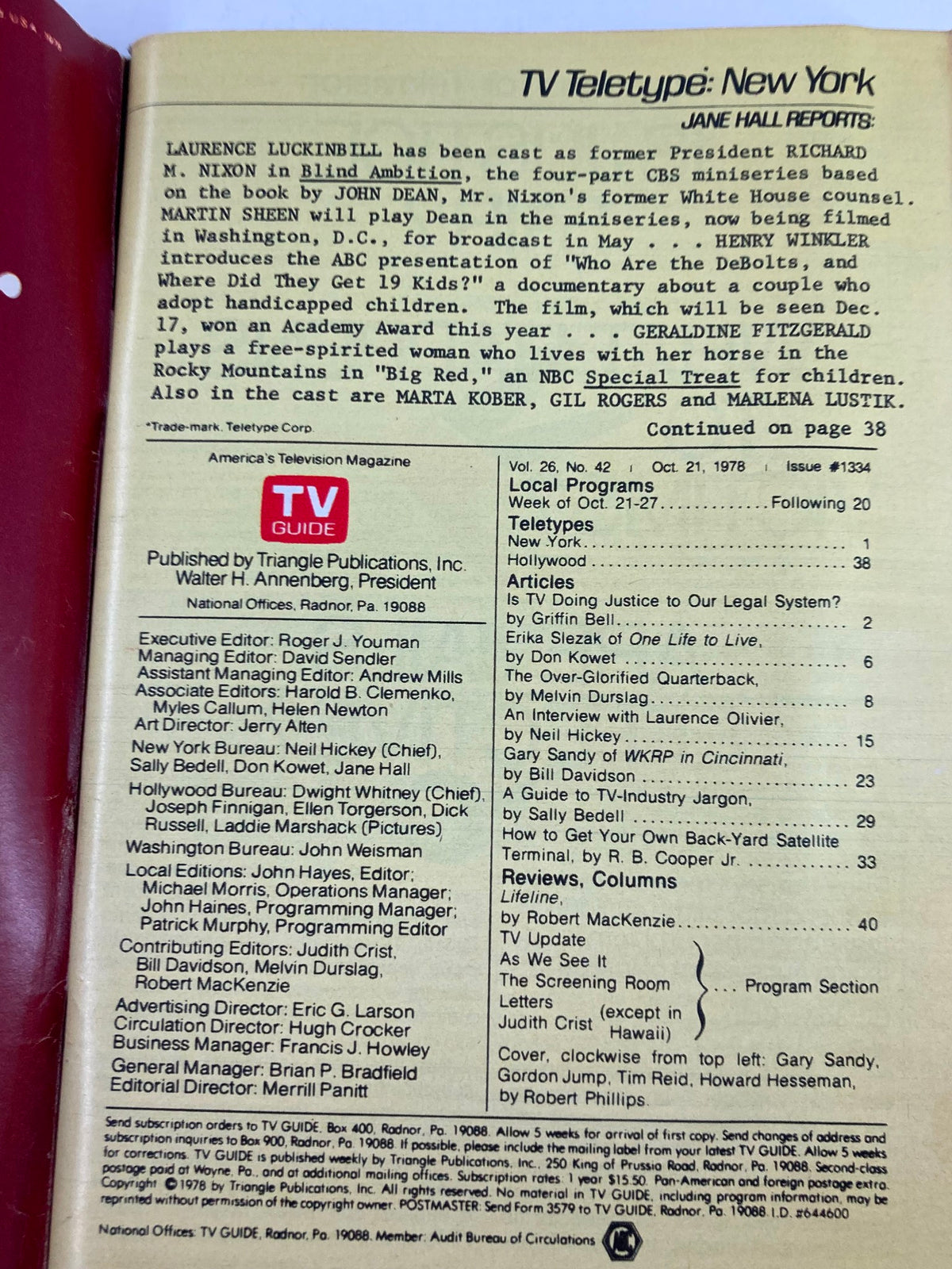 Inside page of TV Guide Magazine October 21 1978 #1334 with detailed articles about television shows and programming during that week.