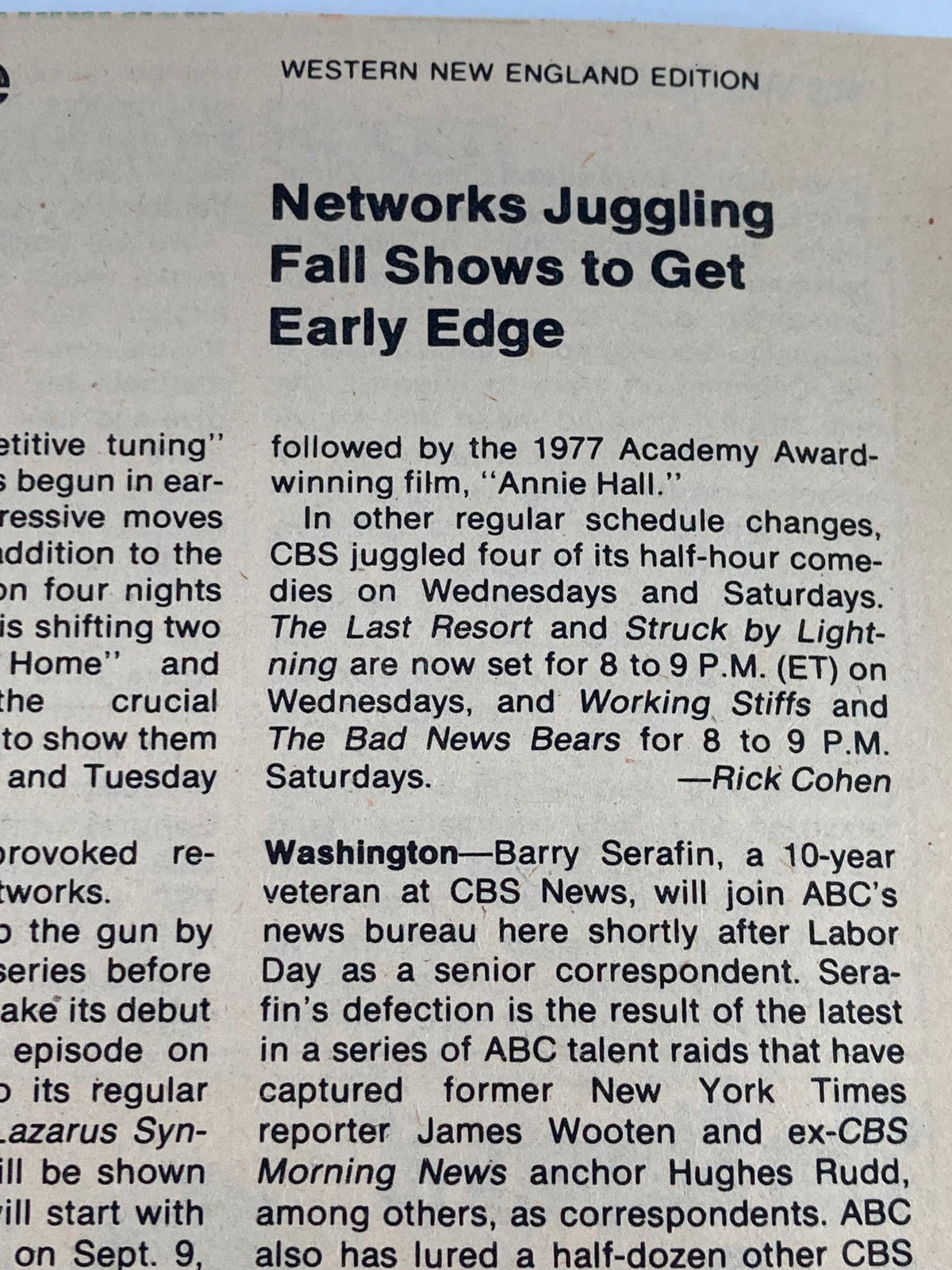 TV Guide Magazine August 25, 1979, Western New England Edition, featuring an article titled 'Networks Juggling Fall Shows to Get Early Edge,' discussing television scheduling changes and notable shows of the late 1970s.