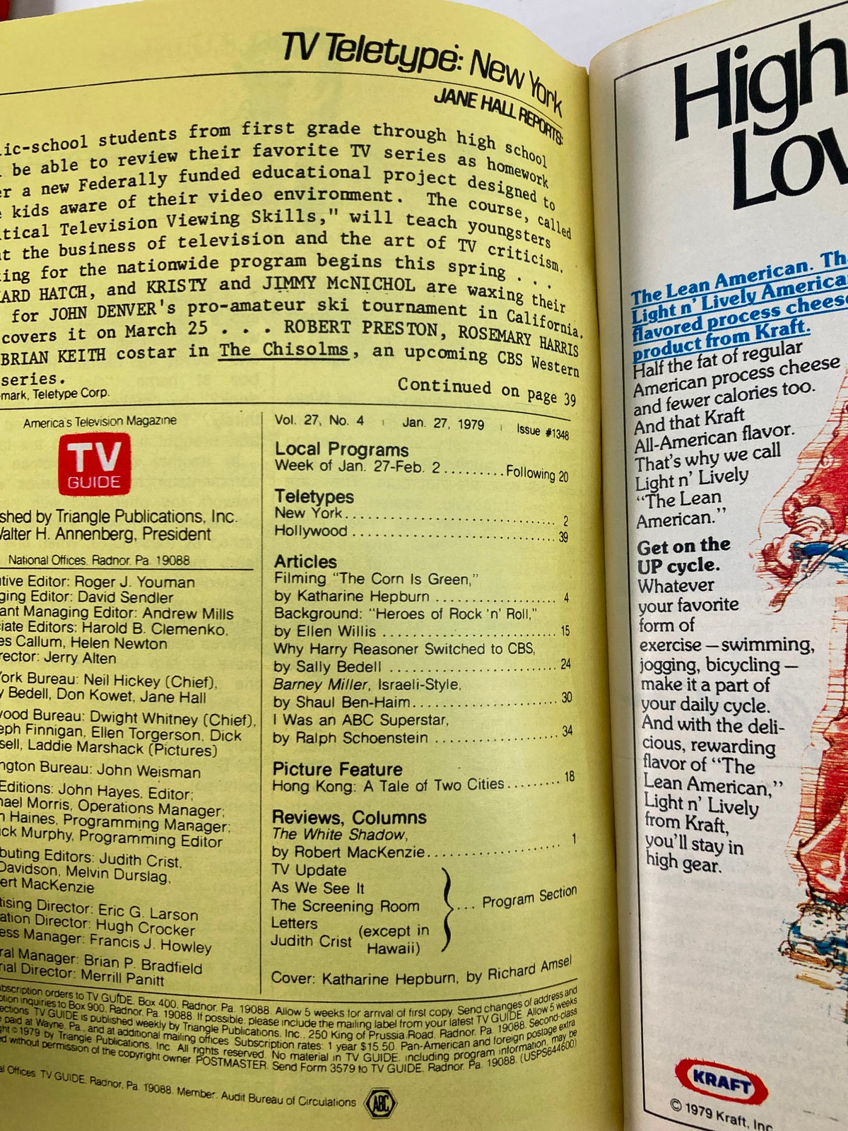 TV Guide Magazine January 27 1979 featuring Katharine Hepburn with a detailed view of the publication's TV Teletype section, showcasing television programming and editorial content from the late 1970s.