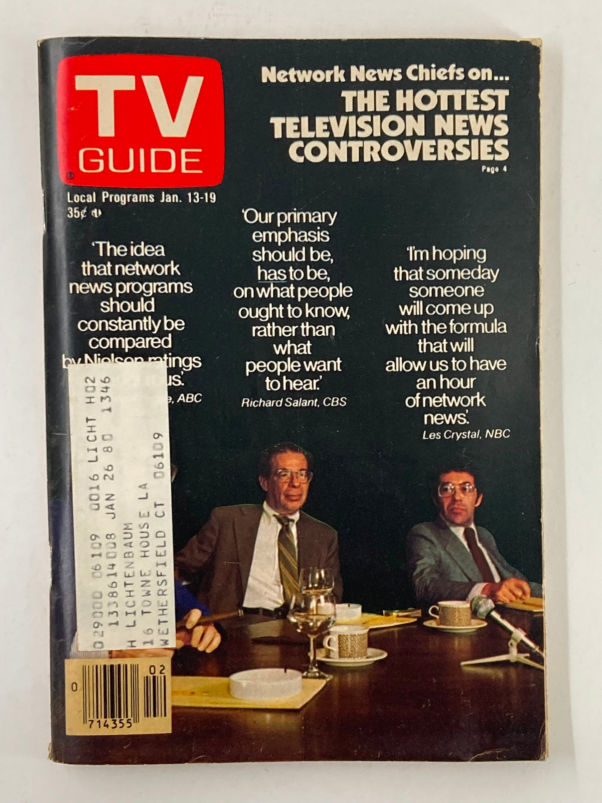 TV Guide Magazine cover from January 13, 1979, featuring insights from prominent network news chiefs and highlighting the hottest television news controversies. Collectible vintage magazine showcasing the late 1970s television landscape.