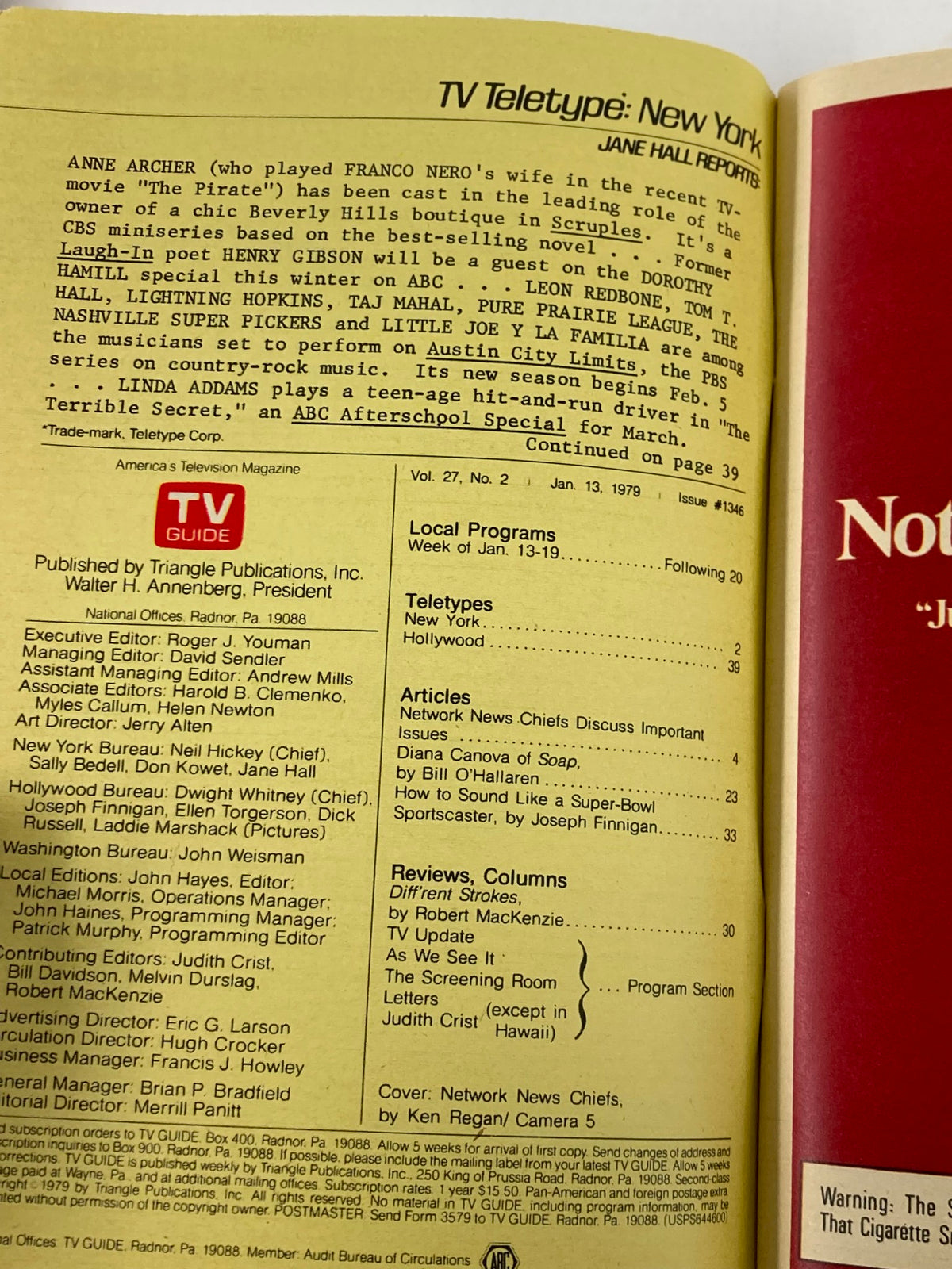 Interior page of TV Guide Magazine January 13 1979, featuring articles on network news chiefs and television programming in the late 1970s, highlighting cultural insights and iconic moments in television history.
